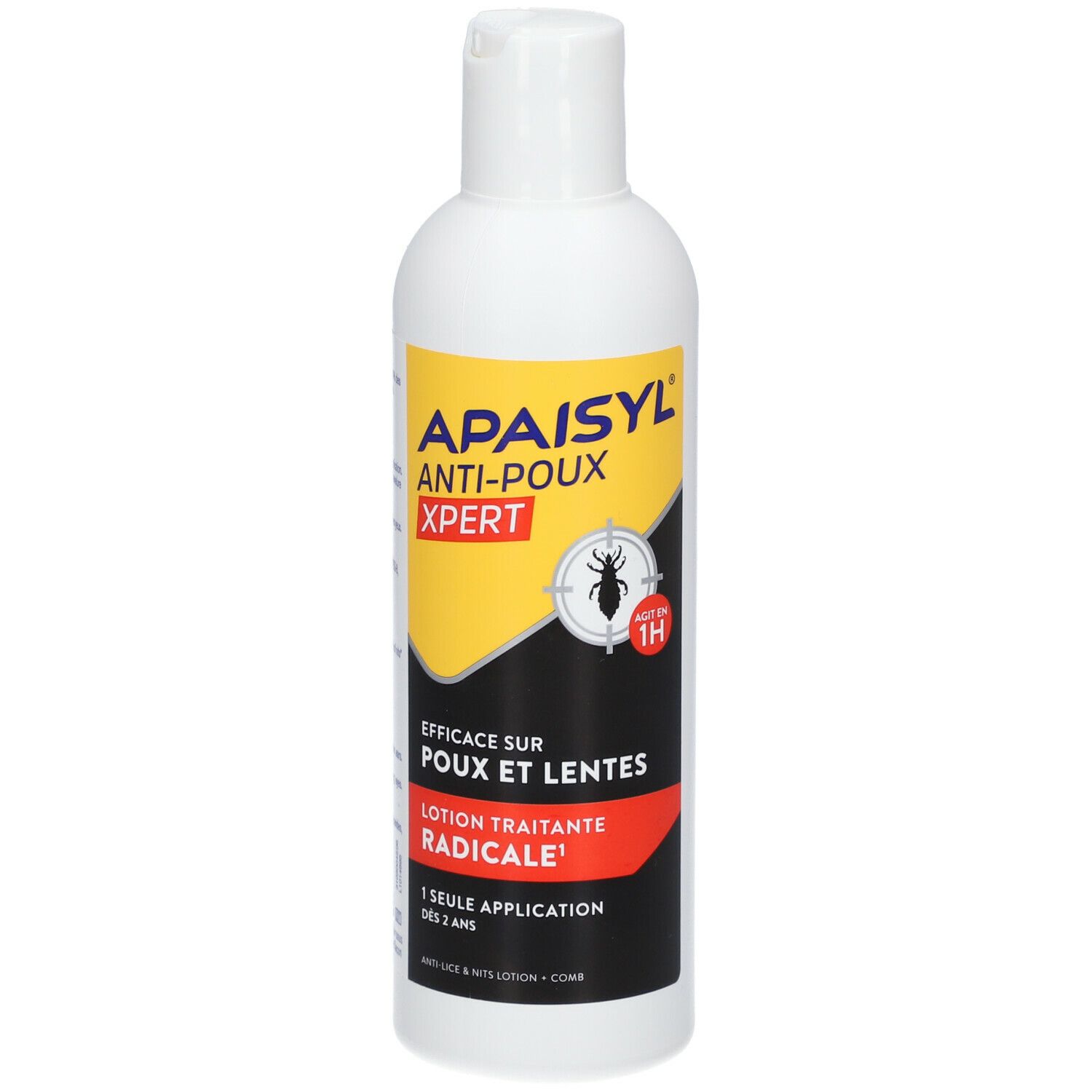 Flacon blanc avec étiquette jaune et noire. APAISYL ANTI-POUX XPERT. Efficace contre les poux et les lentes. Traitement radical.