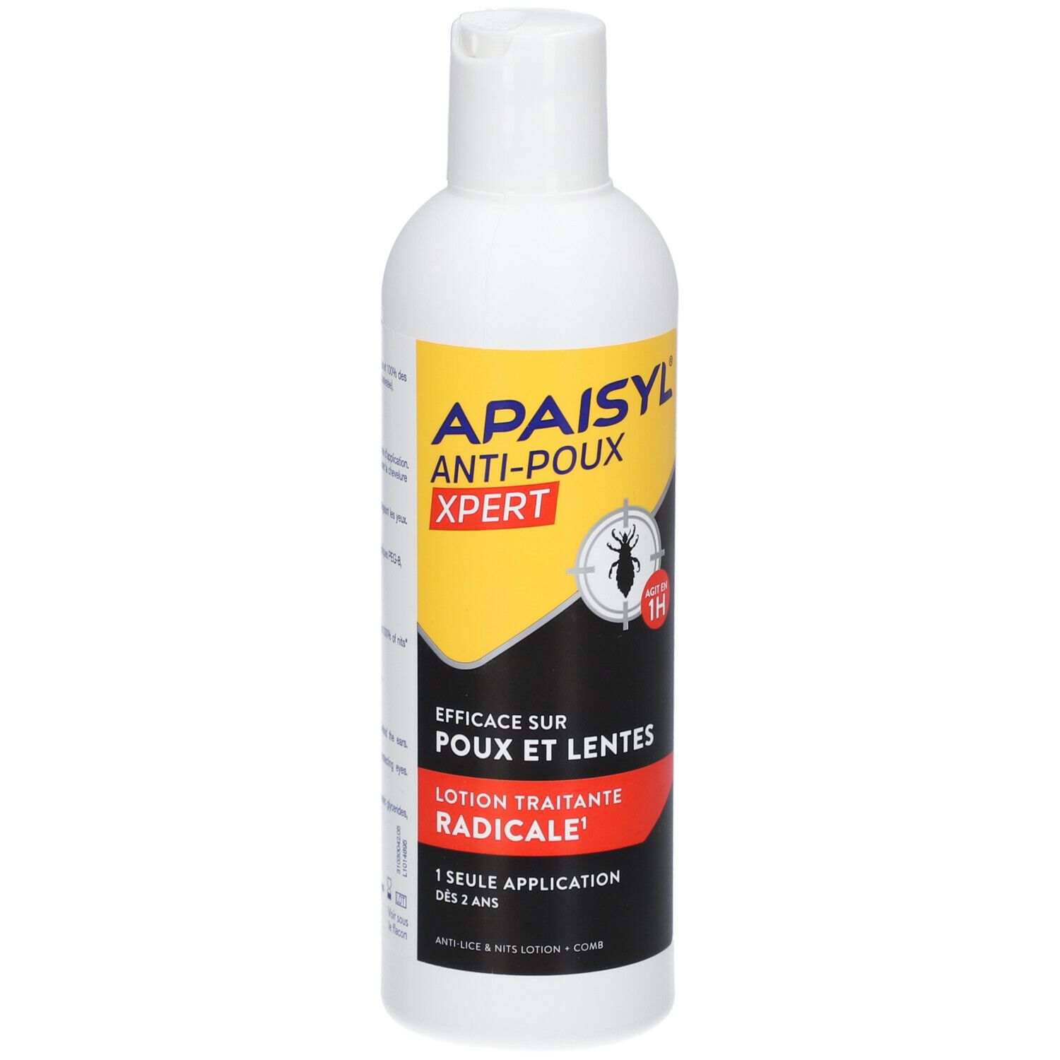 Flacon blanc avec étiquette jaune et noire. APAISYL ANTI-POUX XPERT. Efficace contre les poux et les lentes. Traitement radical.