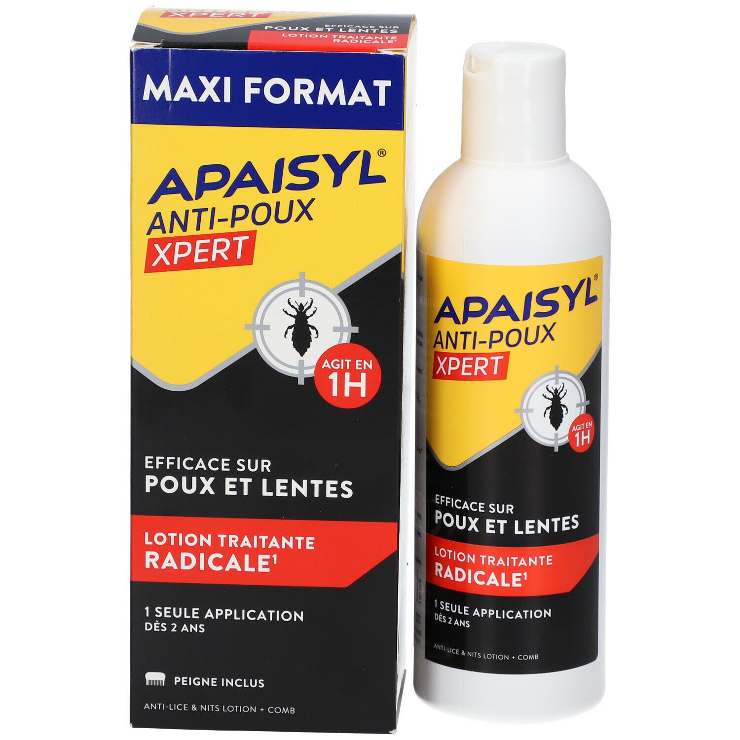 Emballage et flacon. APAISYL ANTI-POUX XPERT. Maxi format. Efficace contre les poux et les lentes. Avec peigne.