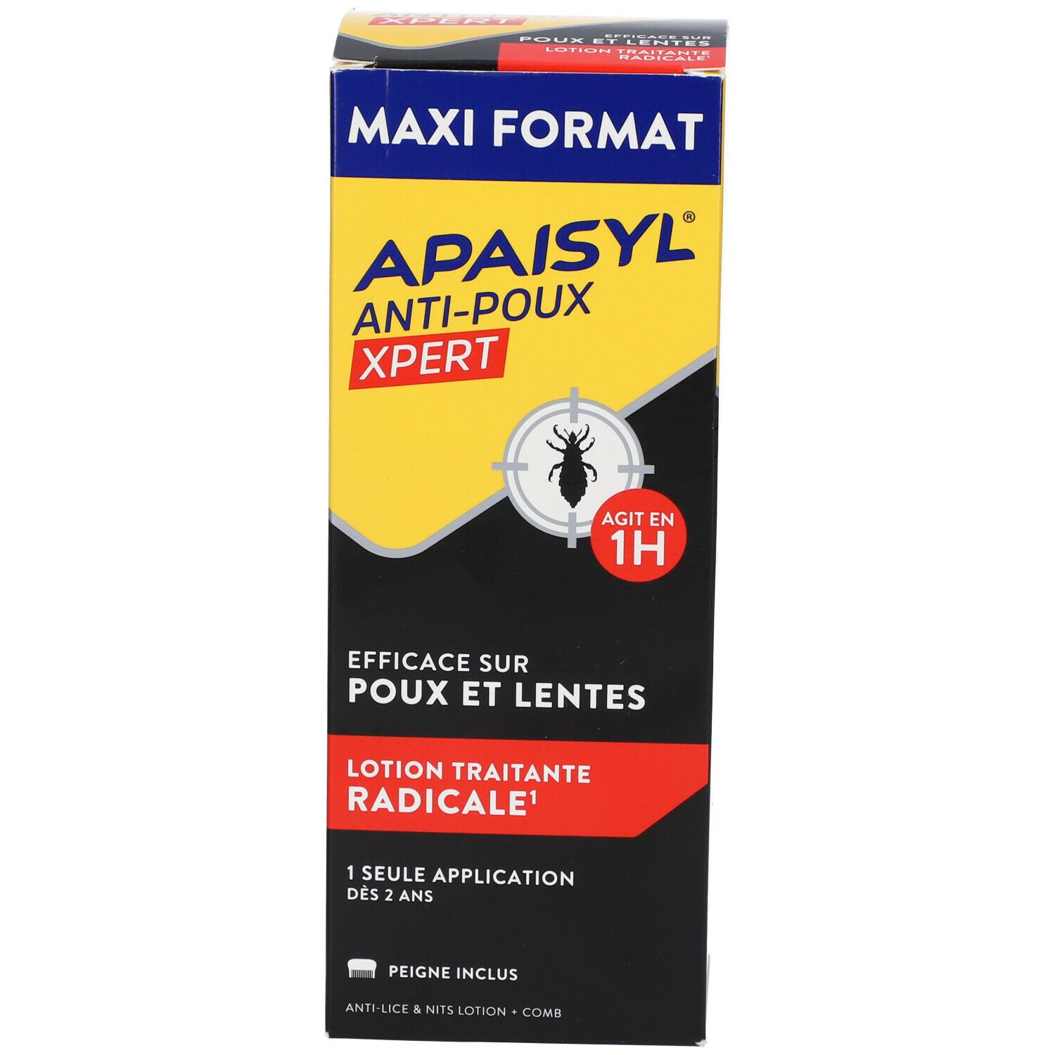 Emballage du produit. APAISYL ANTI-POUX XPERT. Maxi format. Efficace contre les poux et les lentes. Avec peigne.