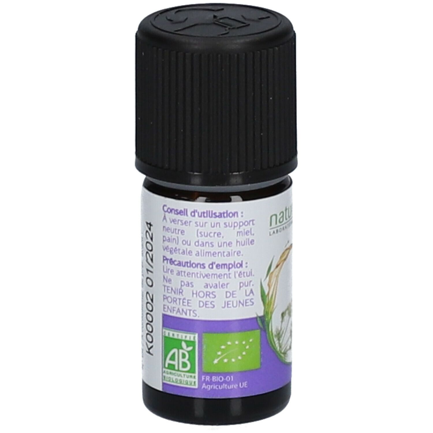 Flacon en verre brun avec bouchon noir. Dos avec texte. Certification AB. Durabilité: 01/2024.