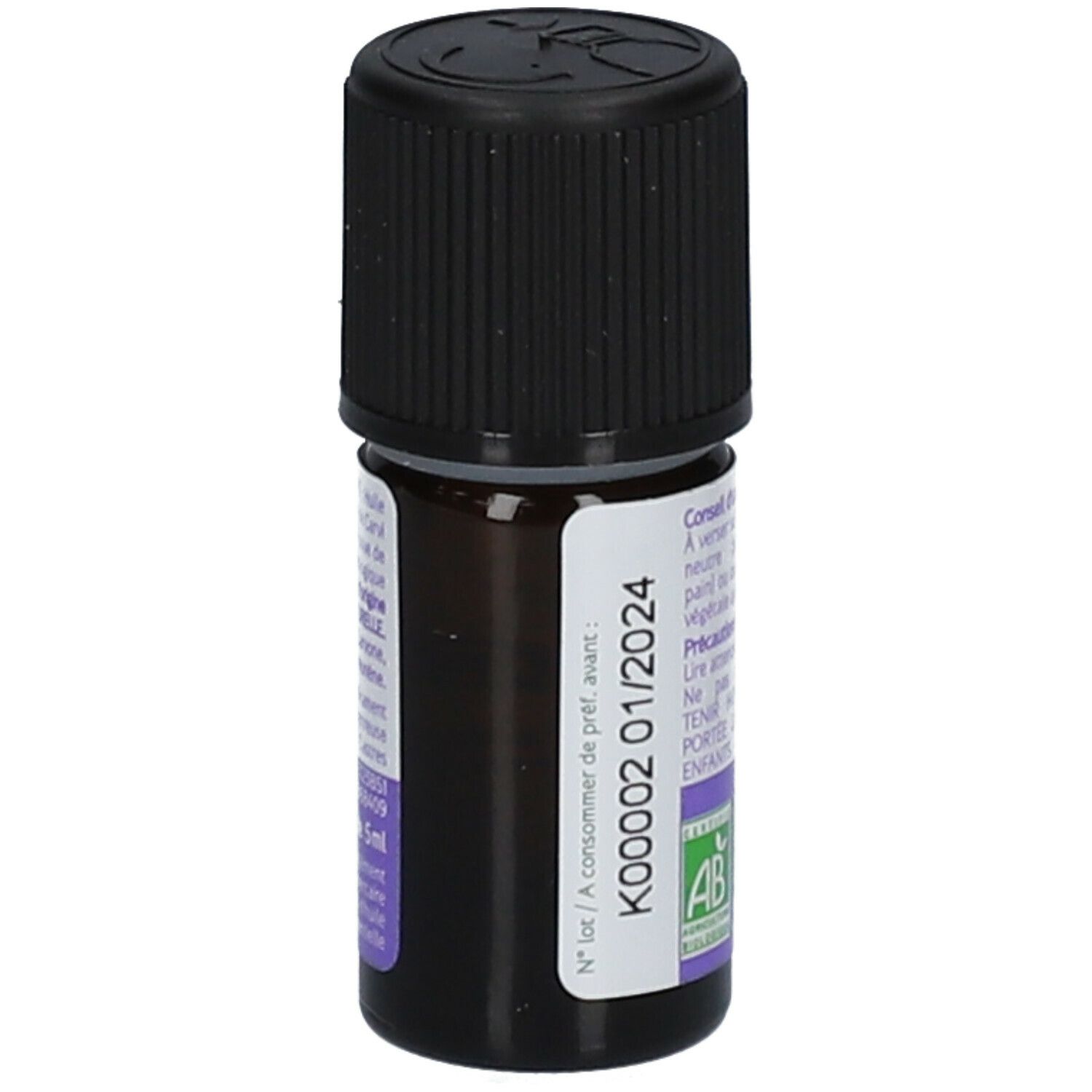 Flacon en verre brun avec bouchon noir. Dos avec texte. Durabilité: 01/2024. Certification AB.
