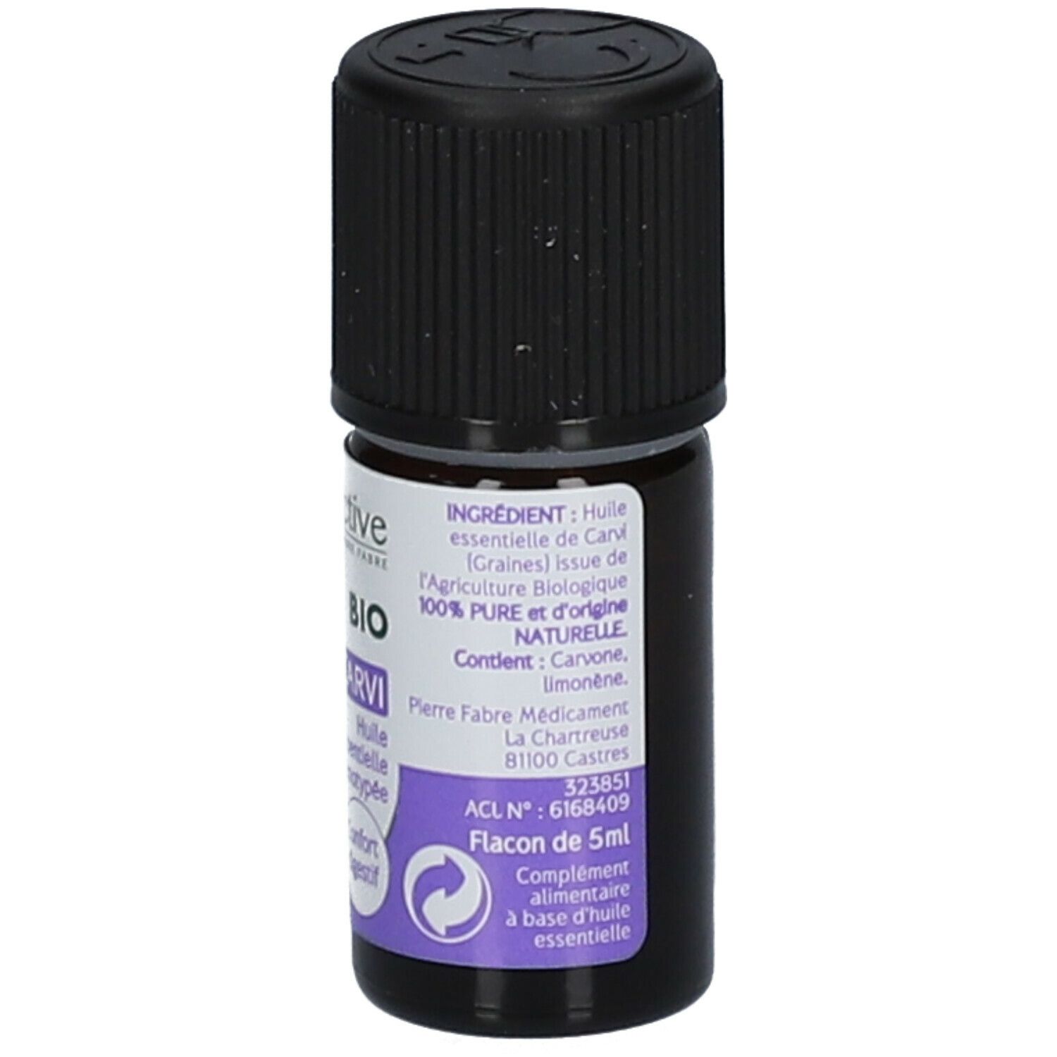 Flacon en verre brun avec bouchon noir. Étiquette avec ingrédients et texte. Flacon de 5ml.