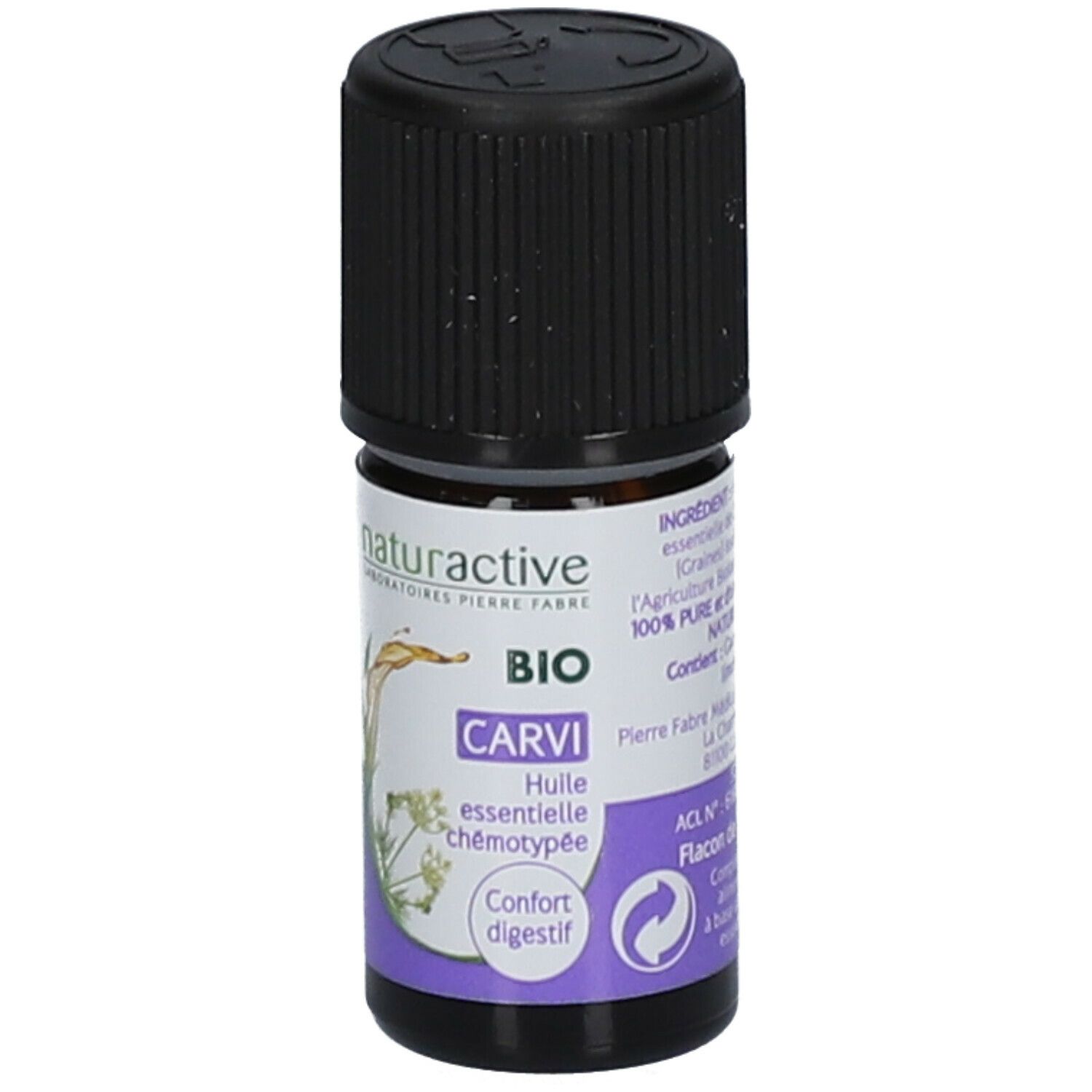 Flacon en verre brun avec bouchon noir. Étiquette avec texte et logo. Nom du produit: CARVI, BIO.