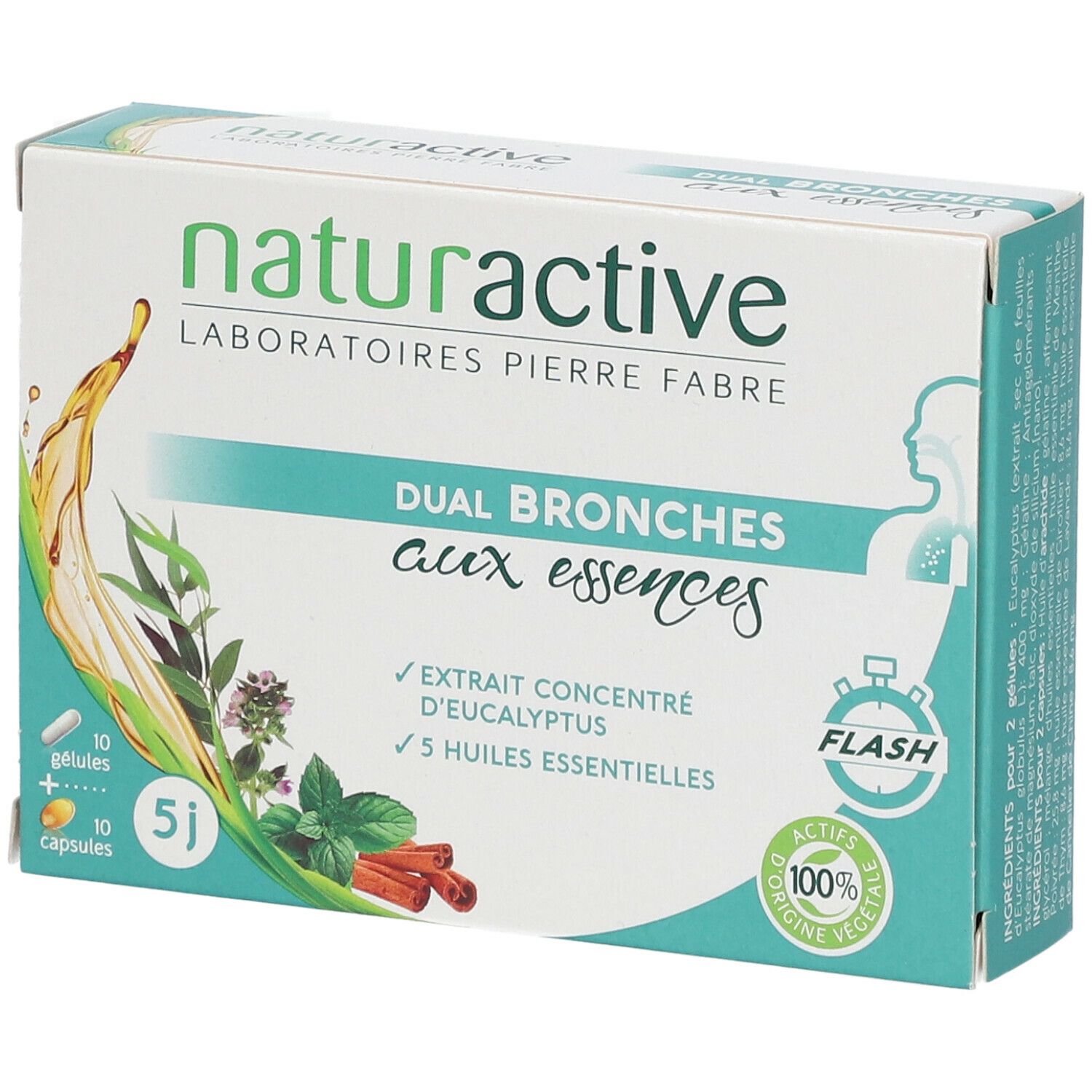 Boîte naturactive DUAL BRONCHES aux essences. Contient 10 gélules et 10 capsules. Avec extrait d'eucalyptus et 5 huiles essentielles.