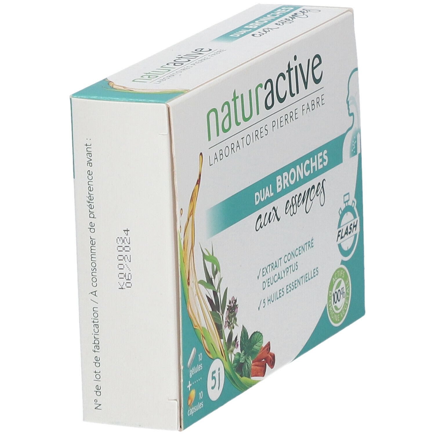 Boîte naturactive DUAL BRONCHES aux essences. Contient 10 gélules et 10 capsules. Avec extrait d'eucalyptus et 5 huiles essentielles.