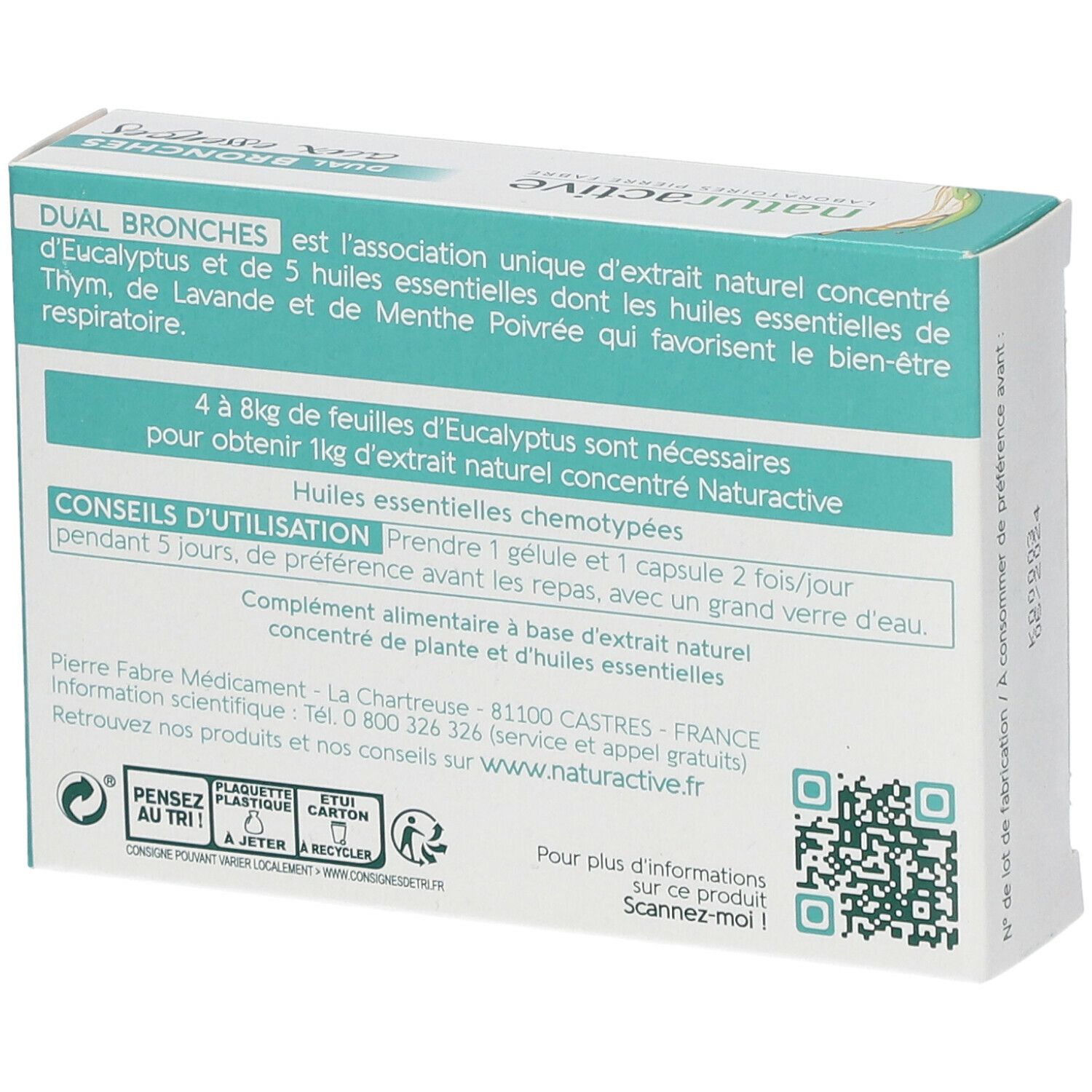 Dos de la boîte naturactive DUAL BRONCHES aux essences. Contient des informations sur les ingrédients et l'utilisation.