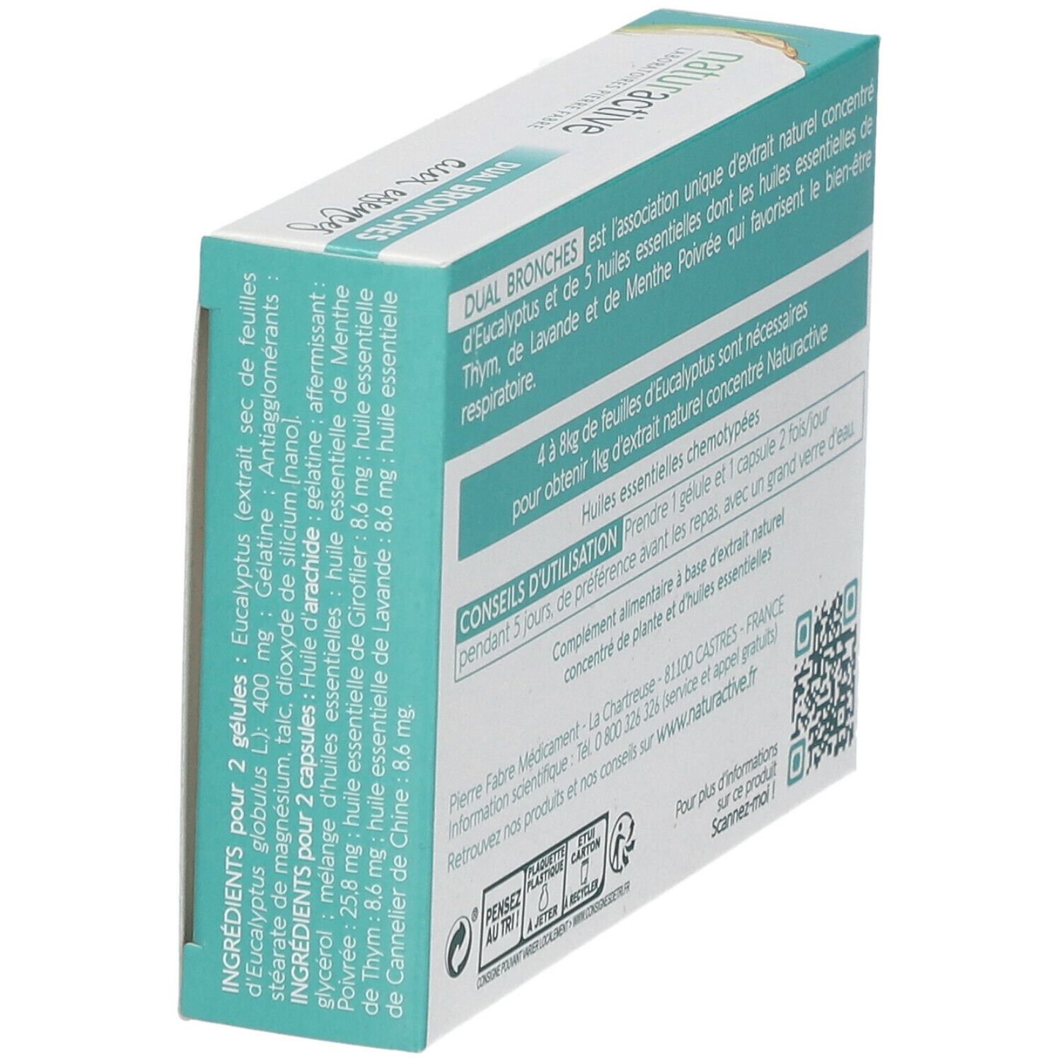 Vue latérale de la boîte naturactive DUAL BRONCHES aux essences. Contient des informations sur les ingrédients et l'utilisation.