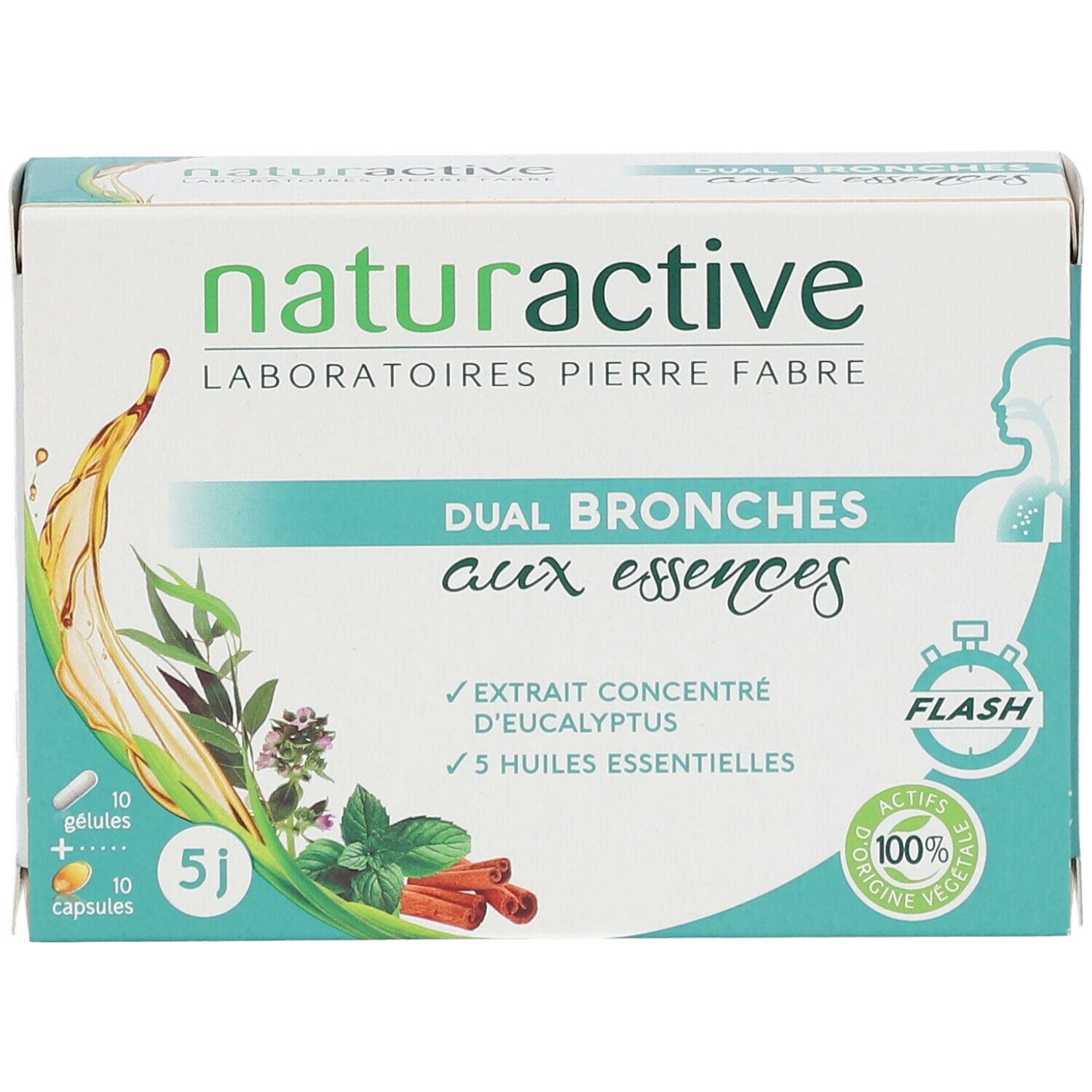 Boîte naturactive DUAL BRONCHES aux essences. Contient 10 gélules et 10 capsules. Avec extrait d'eucalyptus et 5 huiles essentielles.