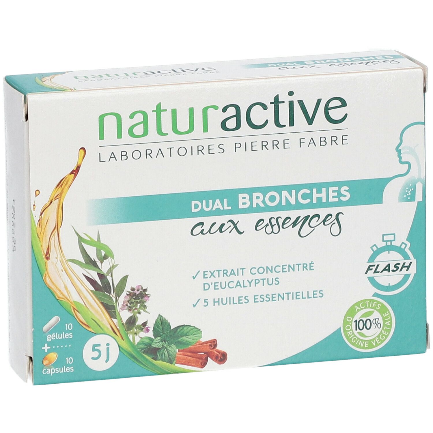 Boîte naturactive DUAL BRONCHES aux essences. Contient 10 gélules et 10 capsules. Avec extrait d'eucalyptus et 5 huiles essentielles.