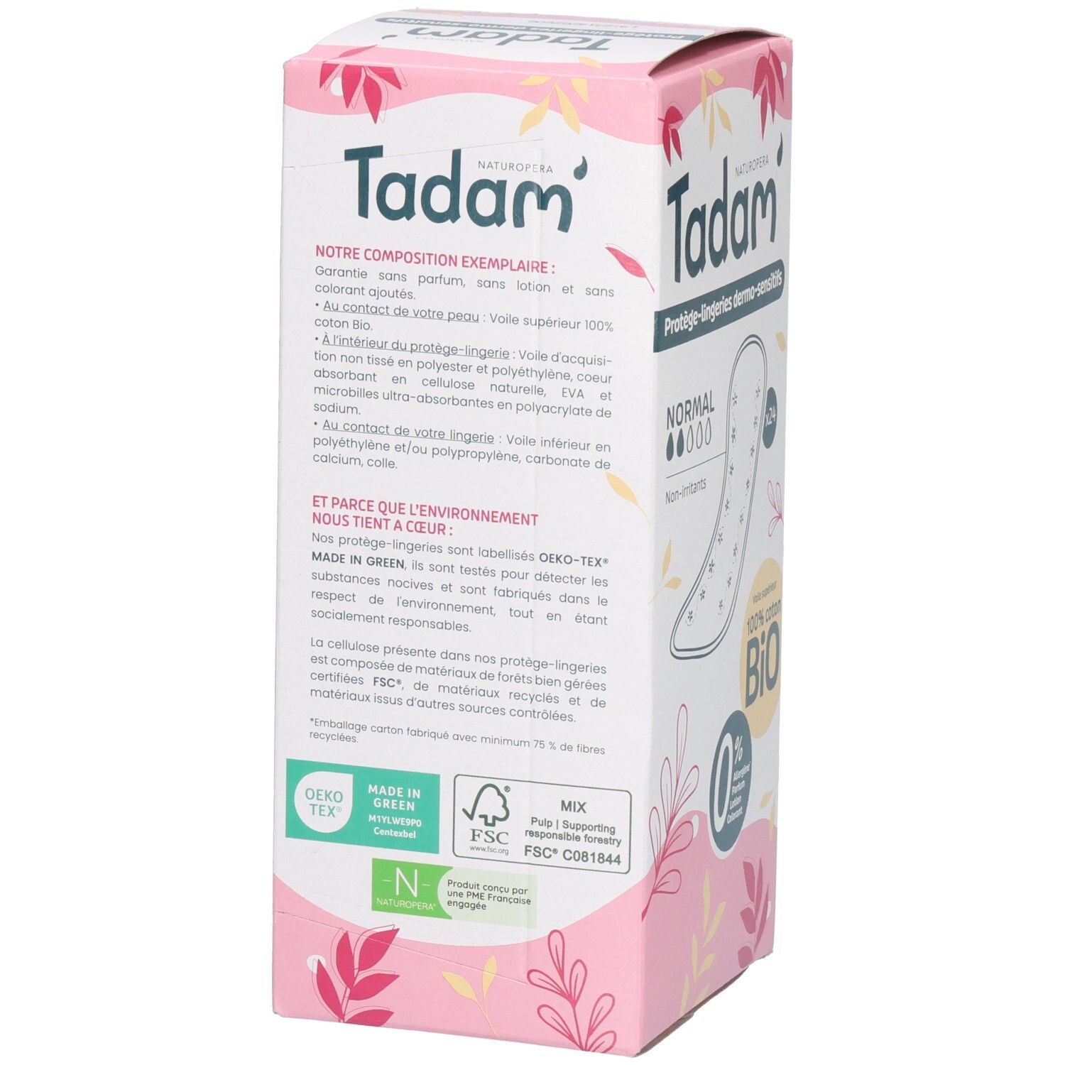 Tadam Protège-Lingeries Dermo-Sensitifs, arrière de l'emballage avec informations produit et certifications.