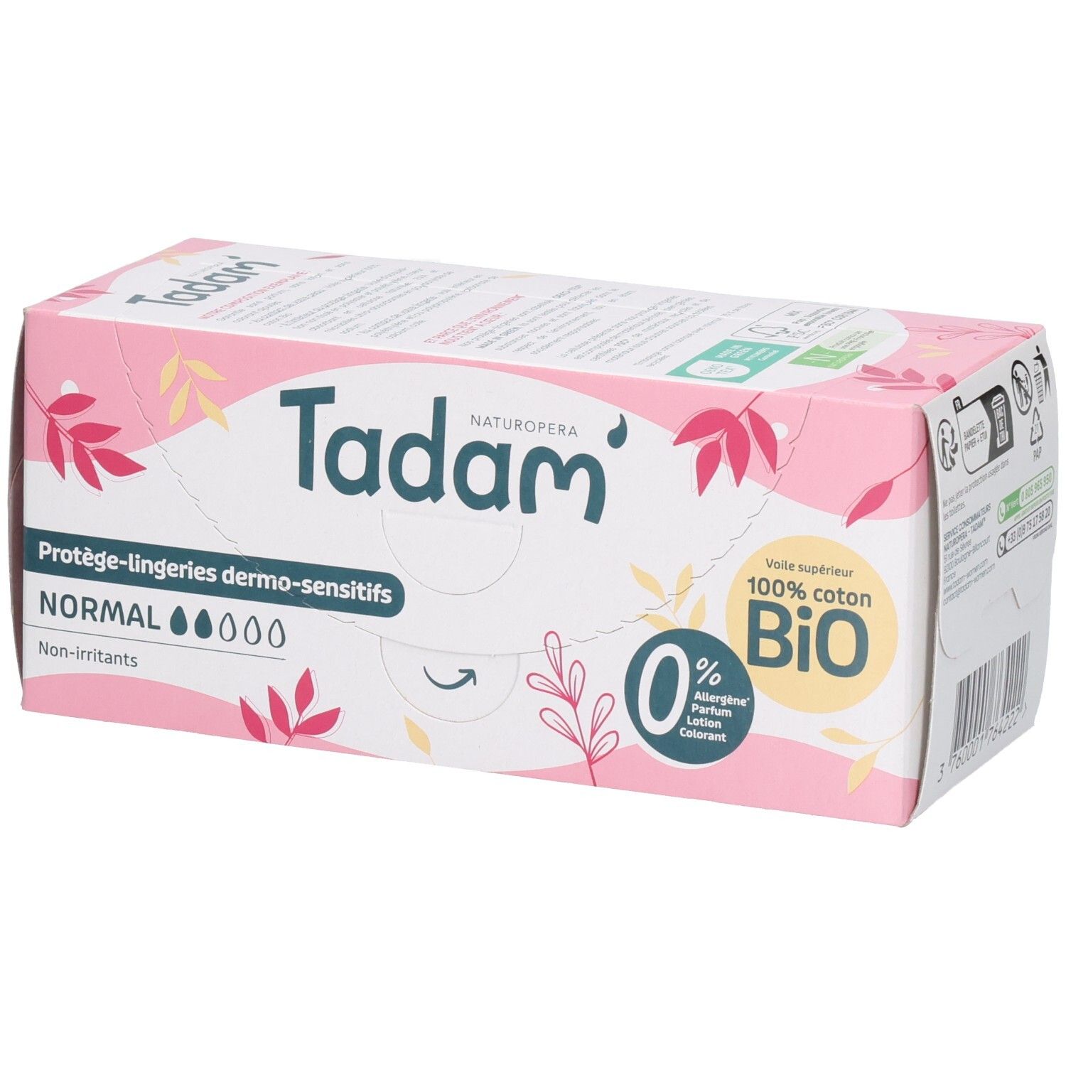 Tadam Protège-Lingeries Dermo-Sensitifs, 24 pièces, 100% coton Bio, Normal, Non-irritants.