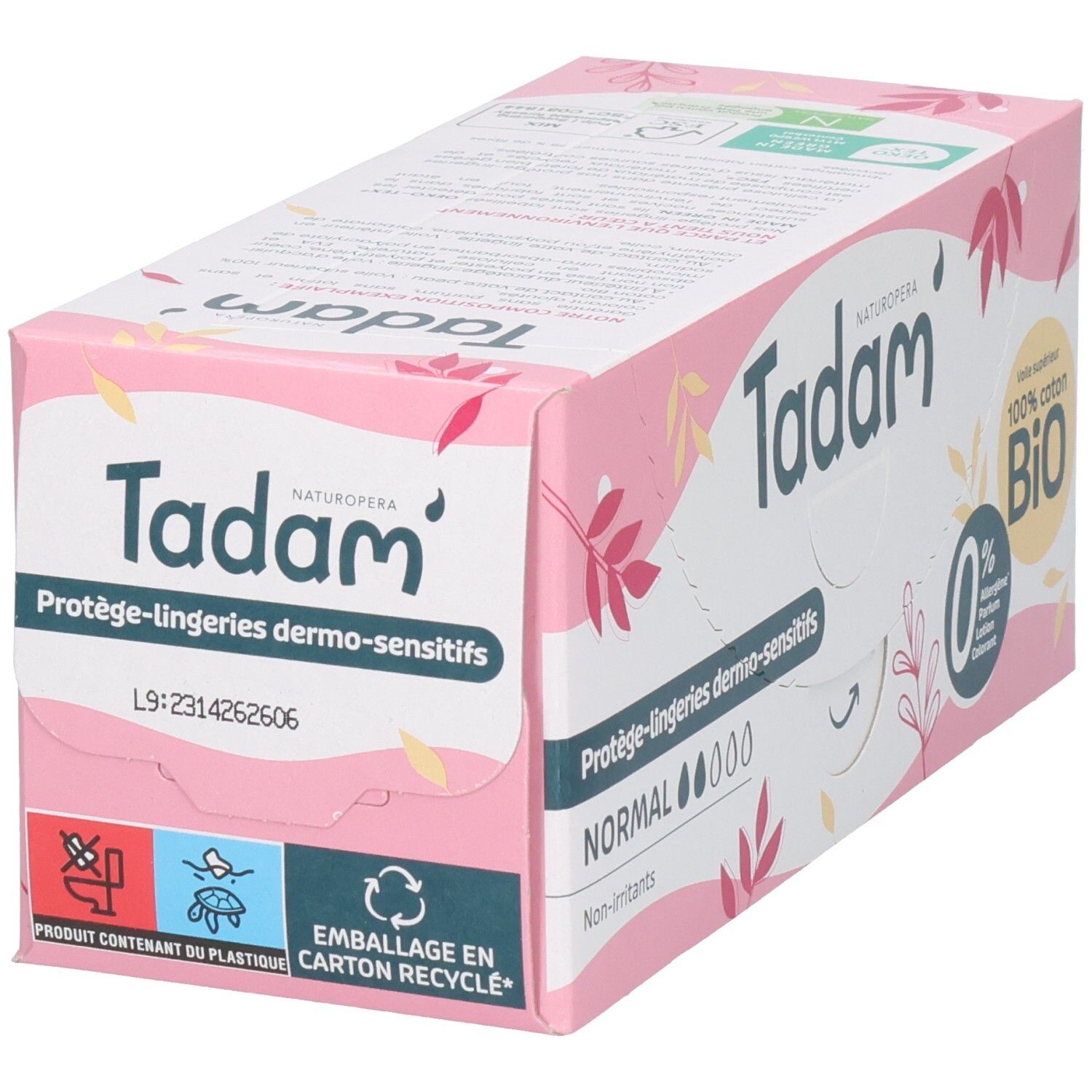 Tadam Protège-Lingeries Dermo-Sensitifs, emballage avec symboles de recyclage et sans plastique.