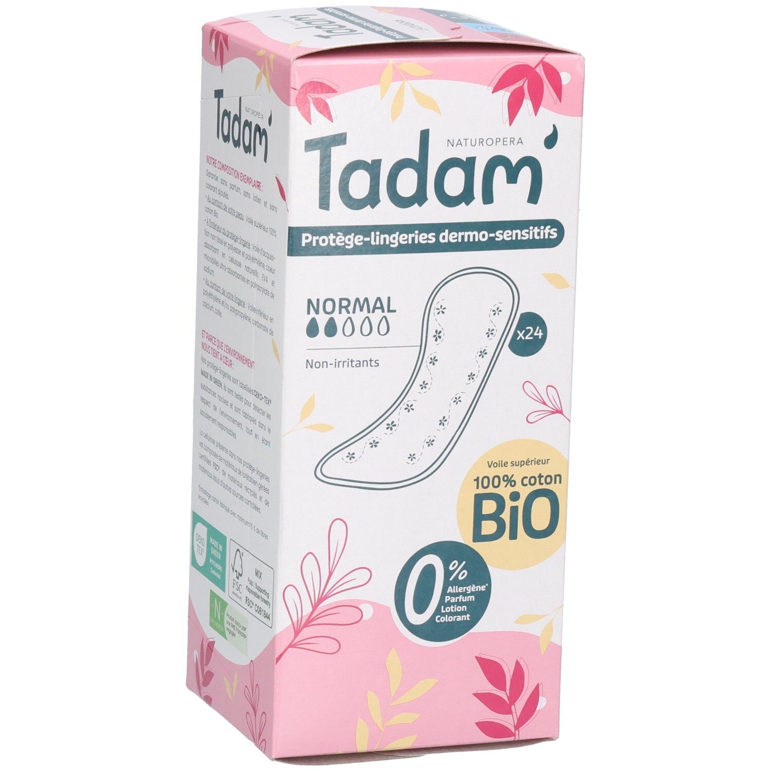 Tadam Protège-Lingeries Dermo-Sensitifs, 24 pièces, 100% coton Bio, Normal, Non-irritants.