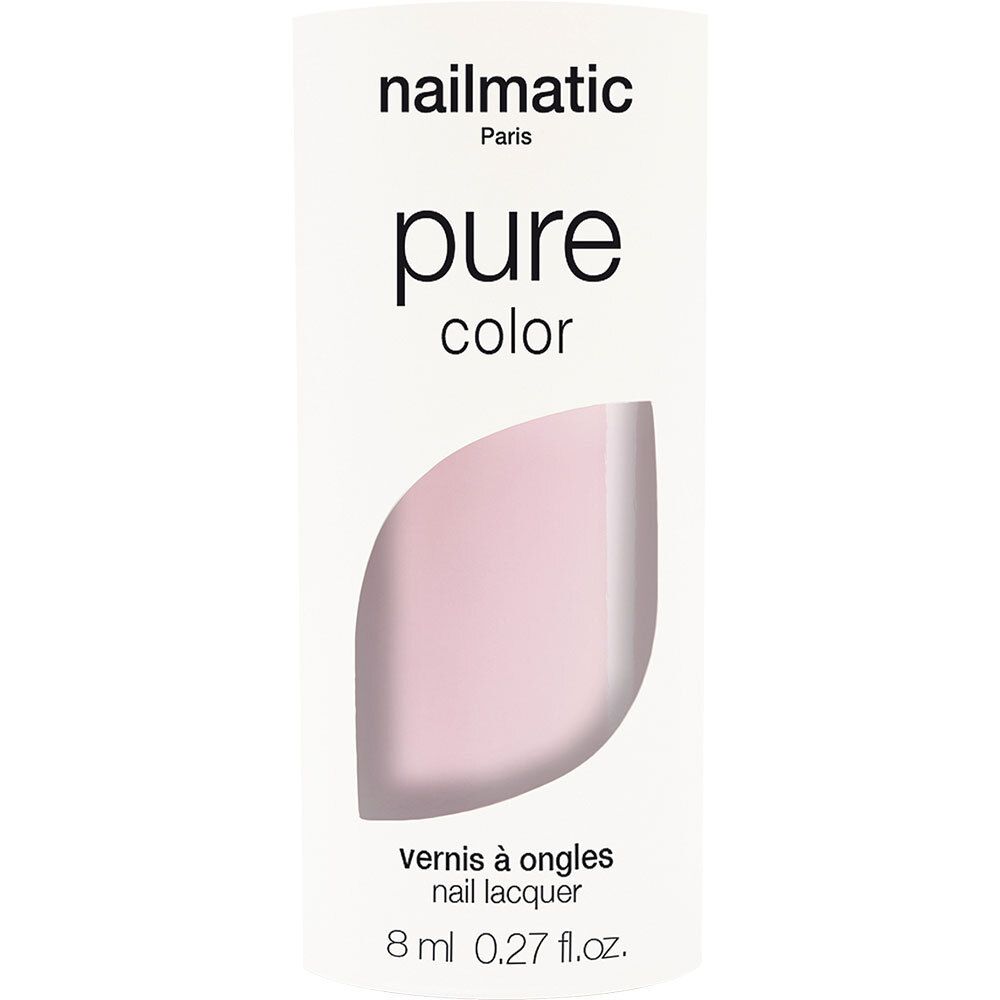 Emballage de vernis à ongles blanc. Affichage rose. Marque: Nailmatic. Texte: pure color, 8 ml.