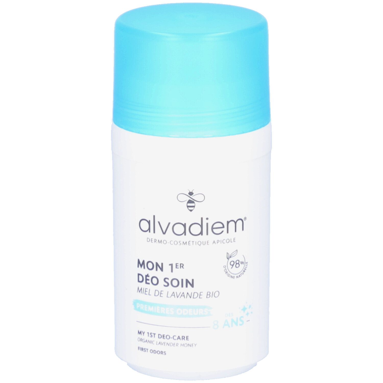 Roll-on déodorant blanc et bouchon bleu clair. Inscription: alvadiem, MON 1er DÉO SOIN, MIEL DE LAVANDE BIO. 98% d'ingrédients naturels.