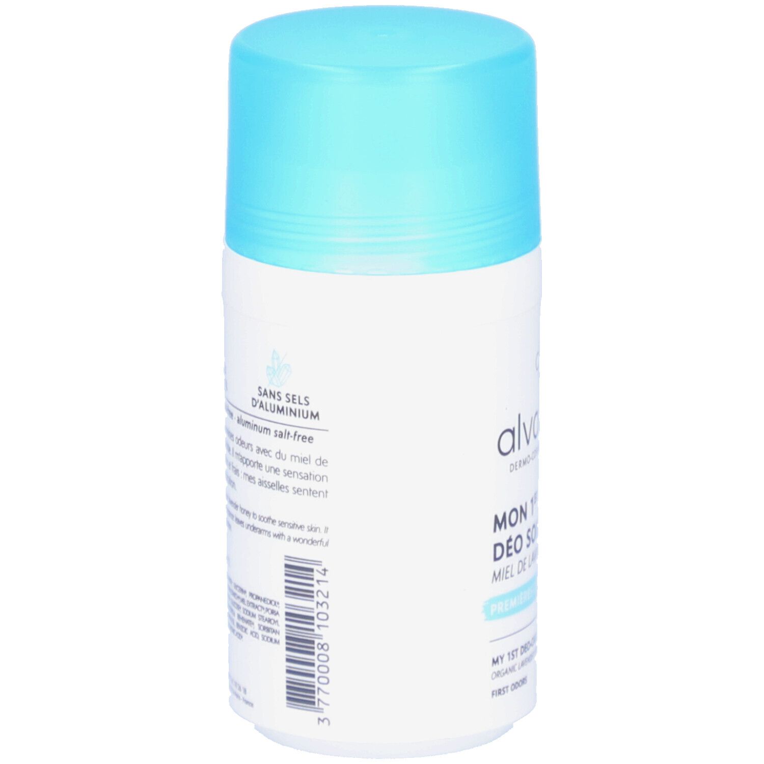 Dos du roll-on. Inscription: SANS SELS D'ALUMINIUM, alvadiem, MON 1er DÉO SOIN. Texte sur formule sans aluminium et miel.