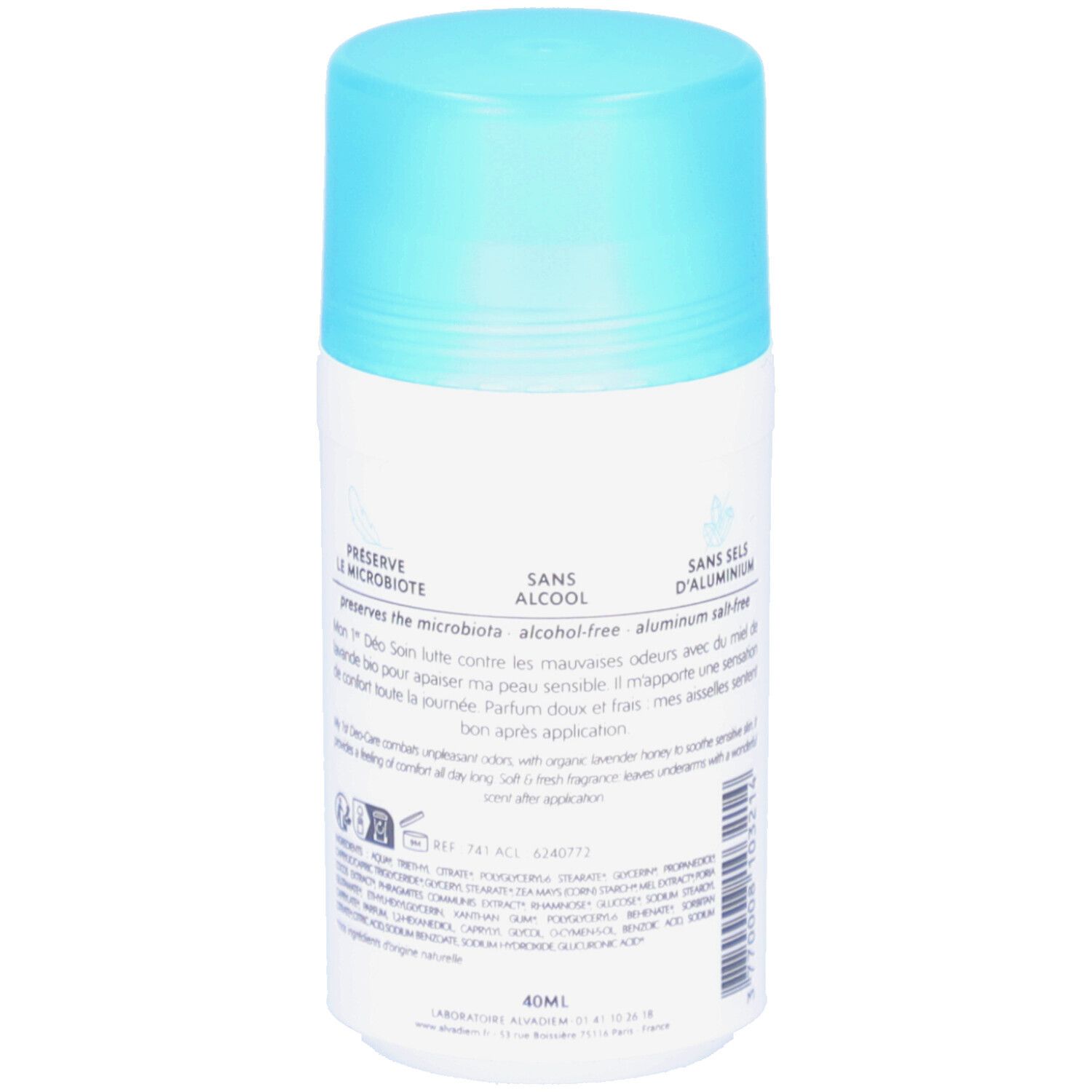 Dos du roll-on. Inscription: SANS ALCOOL, SANS SELS D'ALUMINIUM. Texte sur la préservation de la microbiote et les ingrédients.