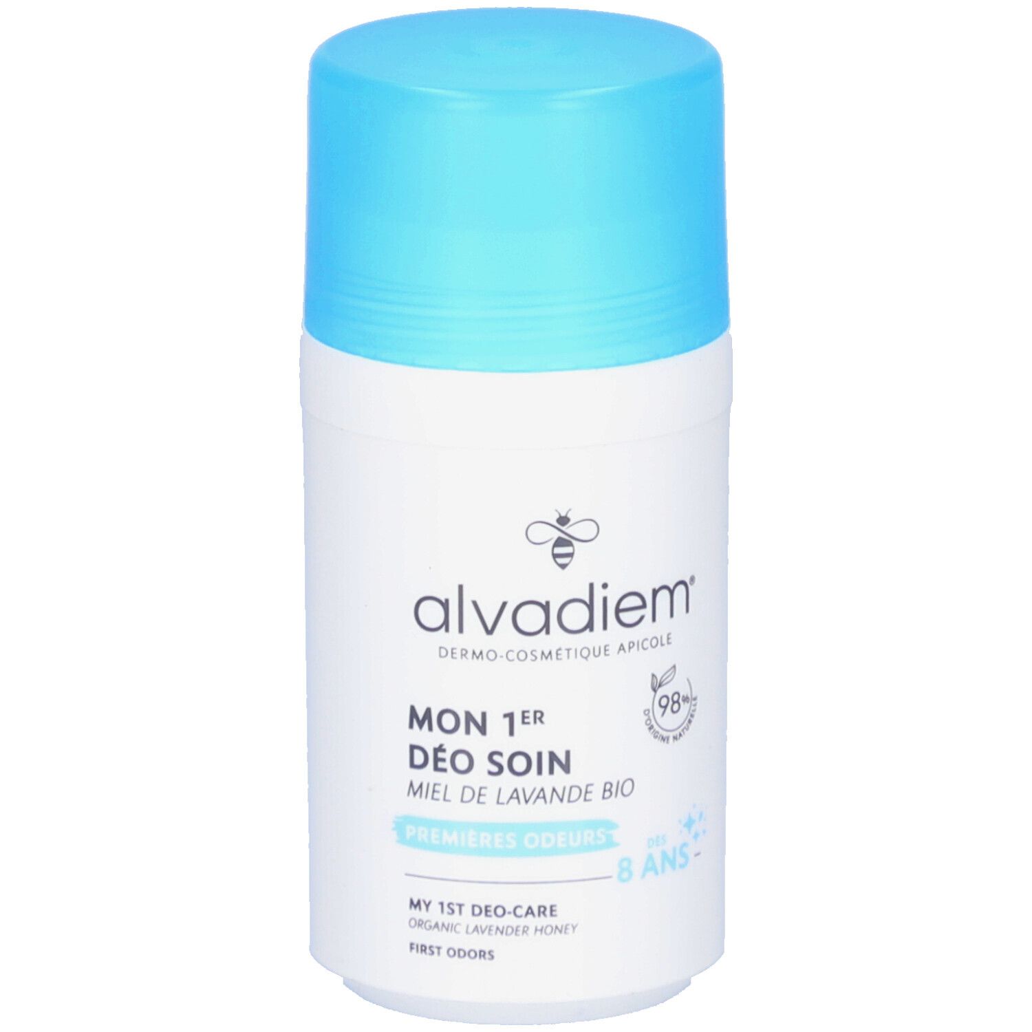 Roll-on déodorant blanc et bouchon bleu clair. Inscription: alvadiem, MON 1er DÉO SOIN, MIEL DE LAVANDE BIO. 98% d'ingrédients naturels.