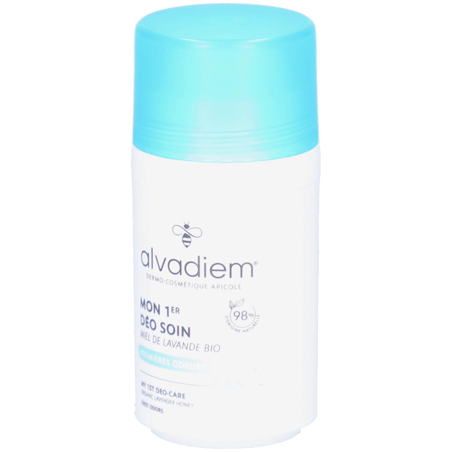 Roll-on déodorant blanc et bouchon bleu clair. Inscription: alvadiem, MON 1er DÉO SOIN, MIEL DE LAVANDE BIO. 98% d'ingrédients naturels.