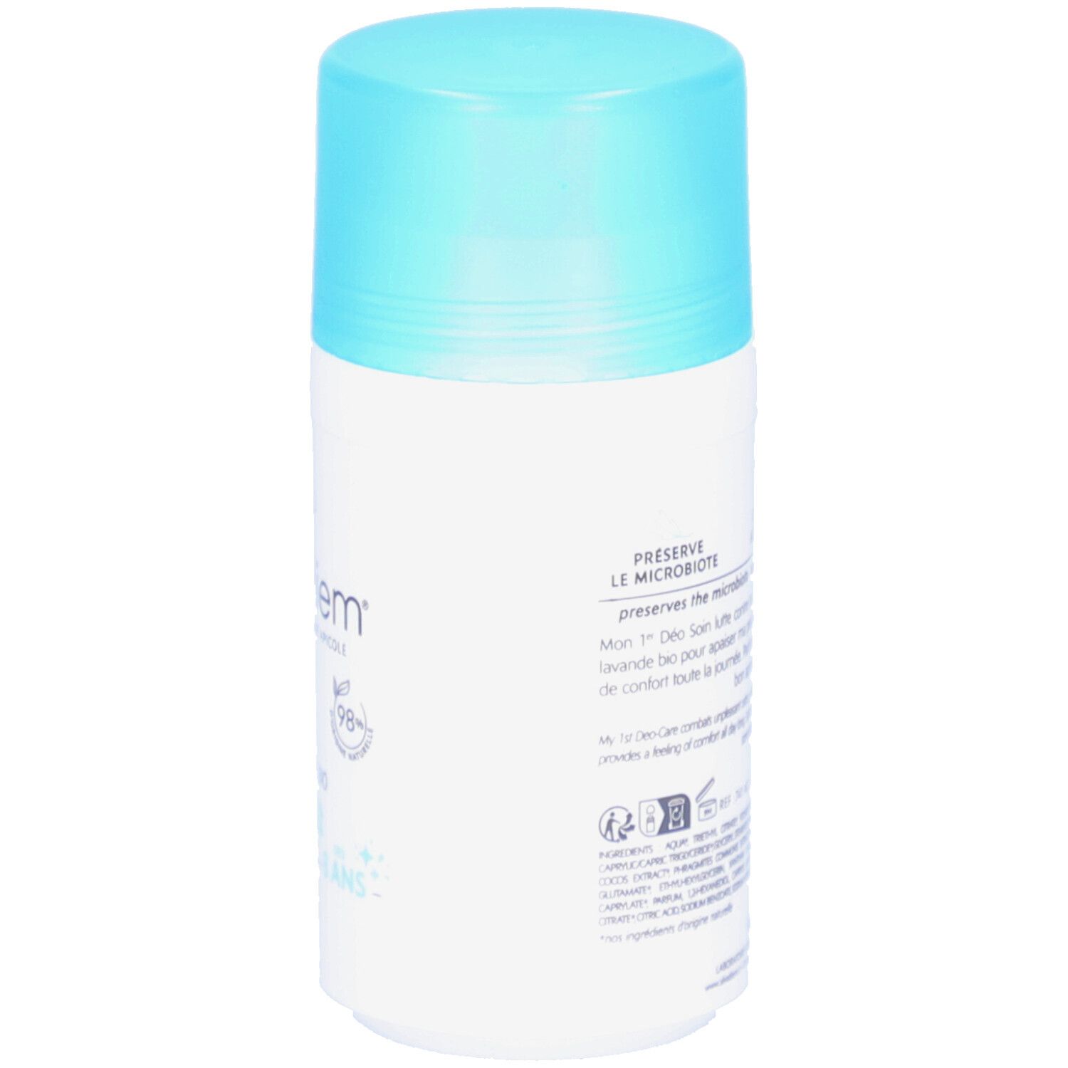 Dos du roll-on. Inscription: PRESERVE LE MICROBIOTE. Texte sur la préservation de la microbiote et les ingrédients.