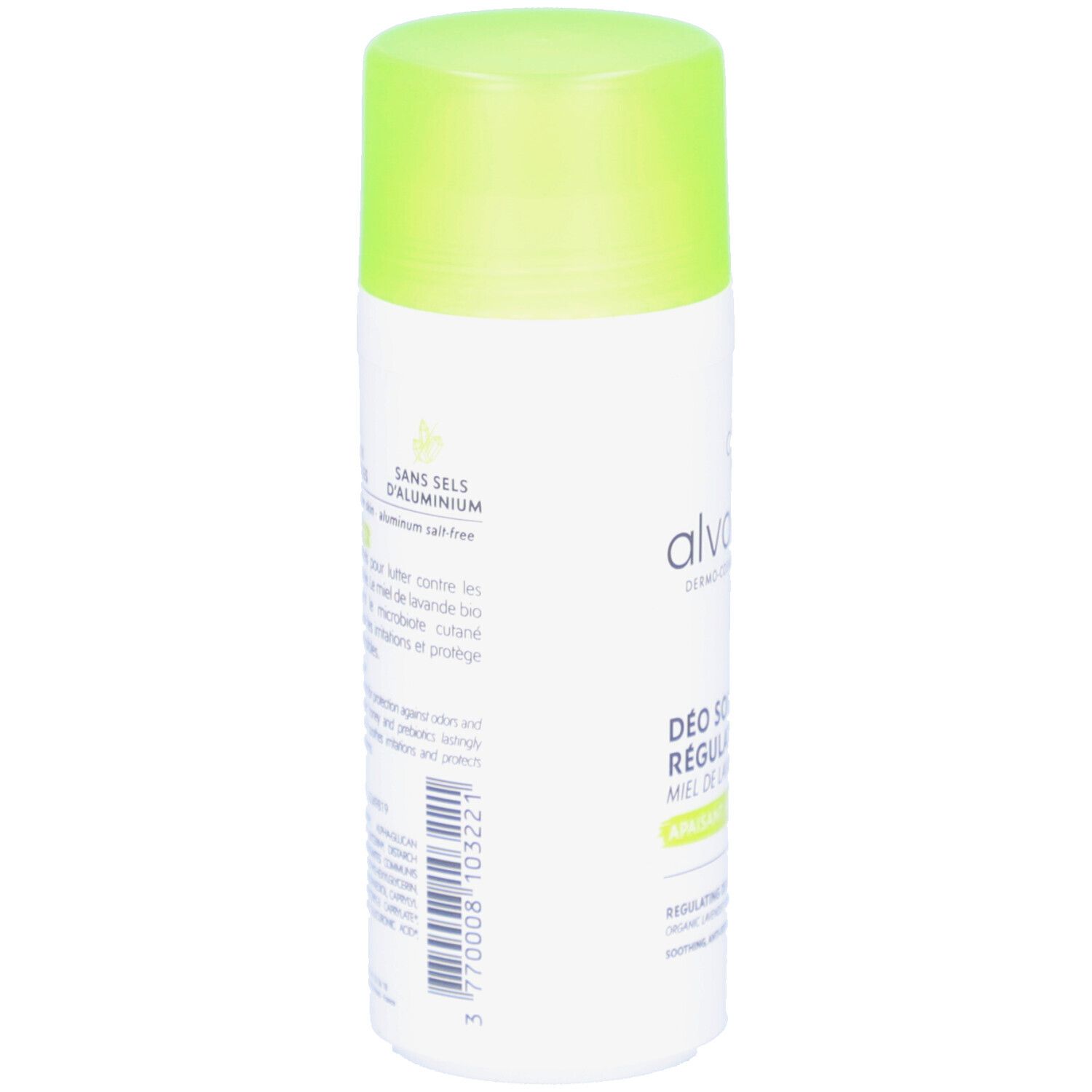 Dos du déodorant. Inscription: Sans sels d'aluminium. Texte sur le miel de lavande. Code-barres.