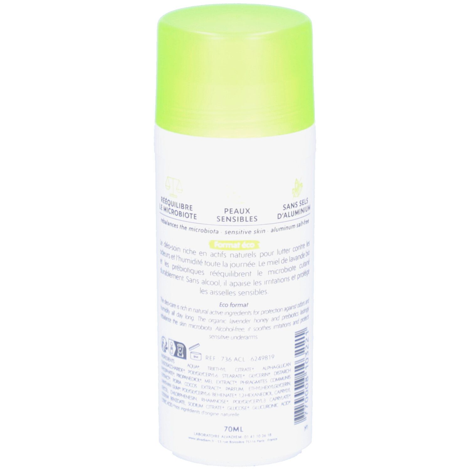 Dos du déodorant. Inscriptions: Reéquilibre la microbota, Peaux sensibles, Sans sels d'aluminium. Texte.