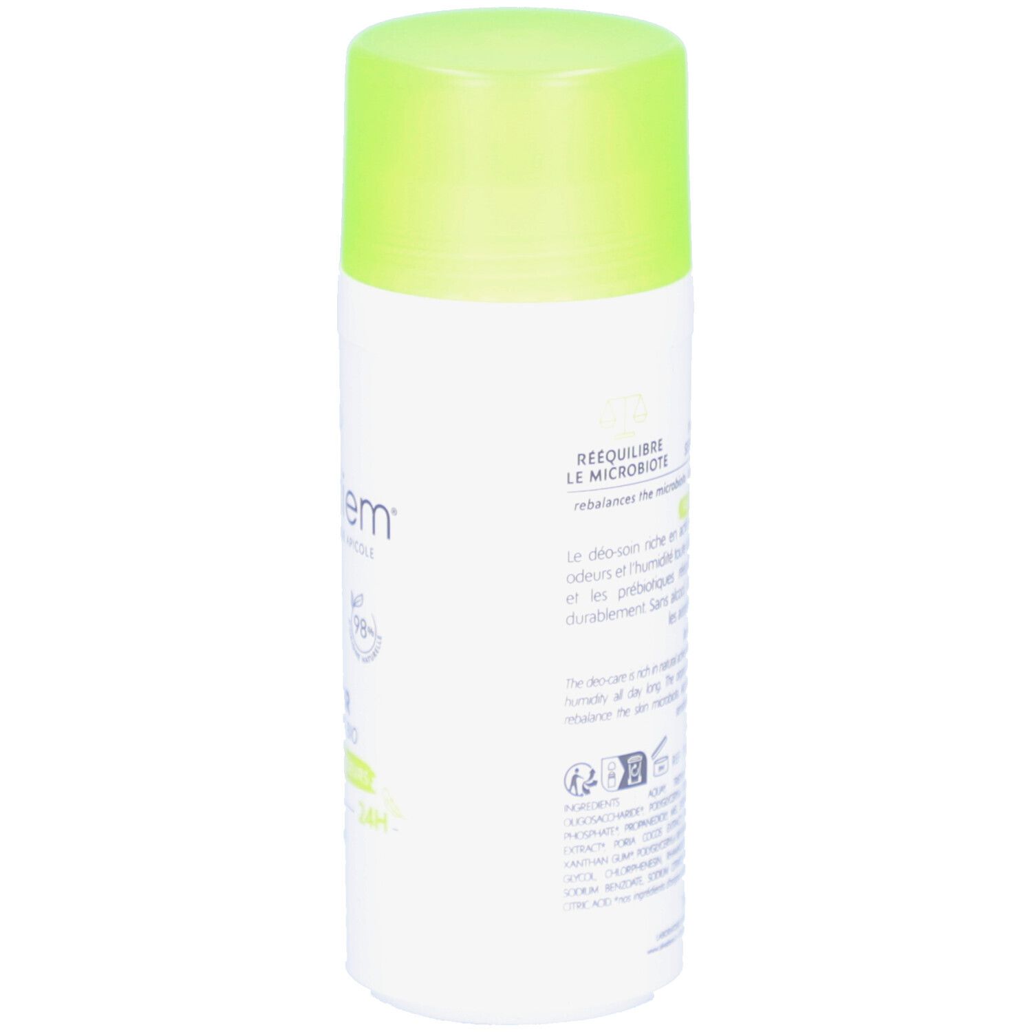 Dos du déodorant. Inscriptions: Reéquilibre la microbota, Peaux sensibles, Sans sels d'aluminium. Texte.