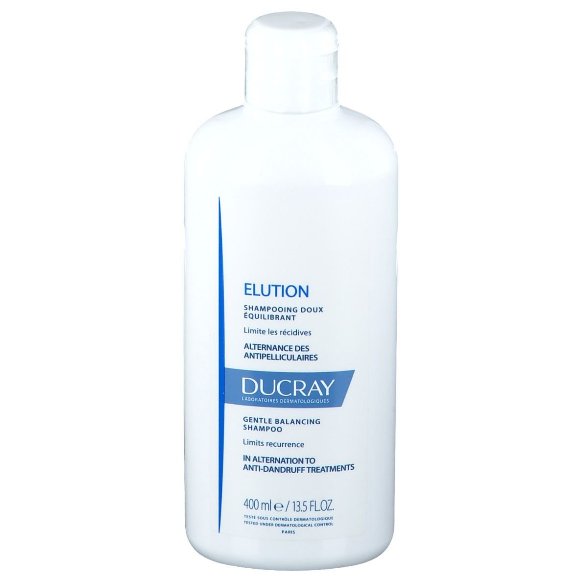 Flacon blanc avec étiquette bleue. Texte: ELUTION, DUCRAY, Gentle Balancing Shampoo. 400 ml.