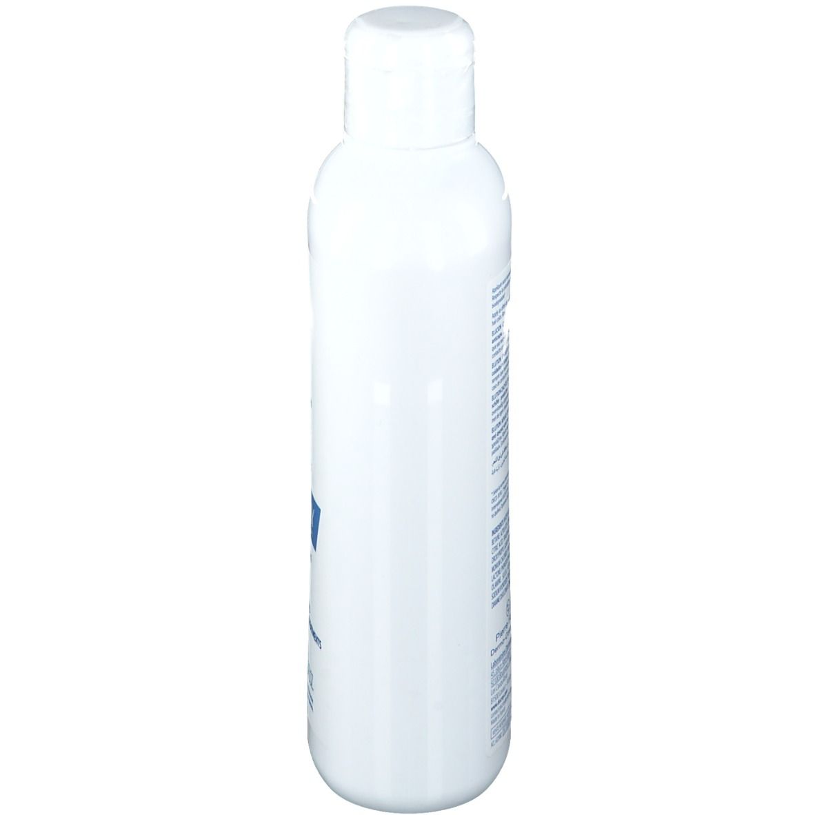 Flacon blanc, vue latérale. Étiquette avec texte. Bouchon blanc.