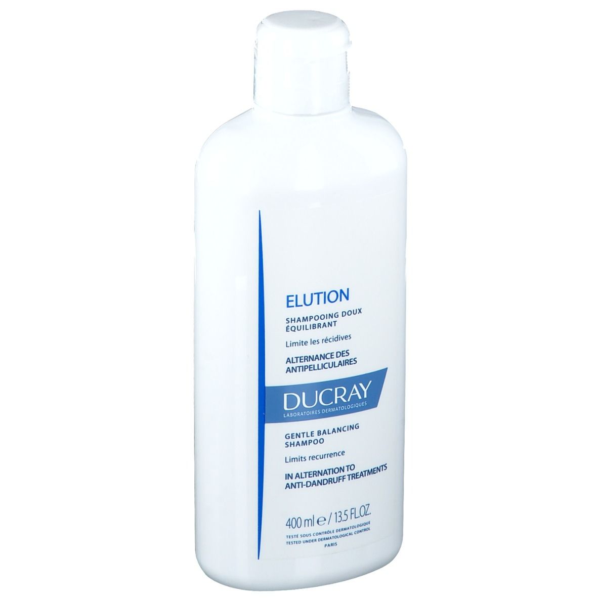 Flacon blanc avec étiquette bleue. Texte: ELUTION, DUCRAY, Gentle Balancing Shampoo. 400 ml.