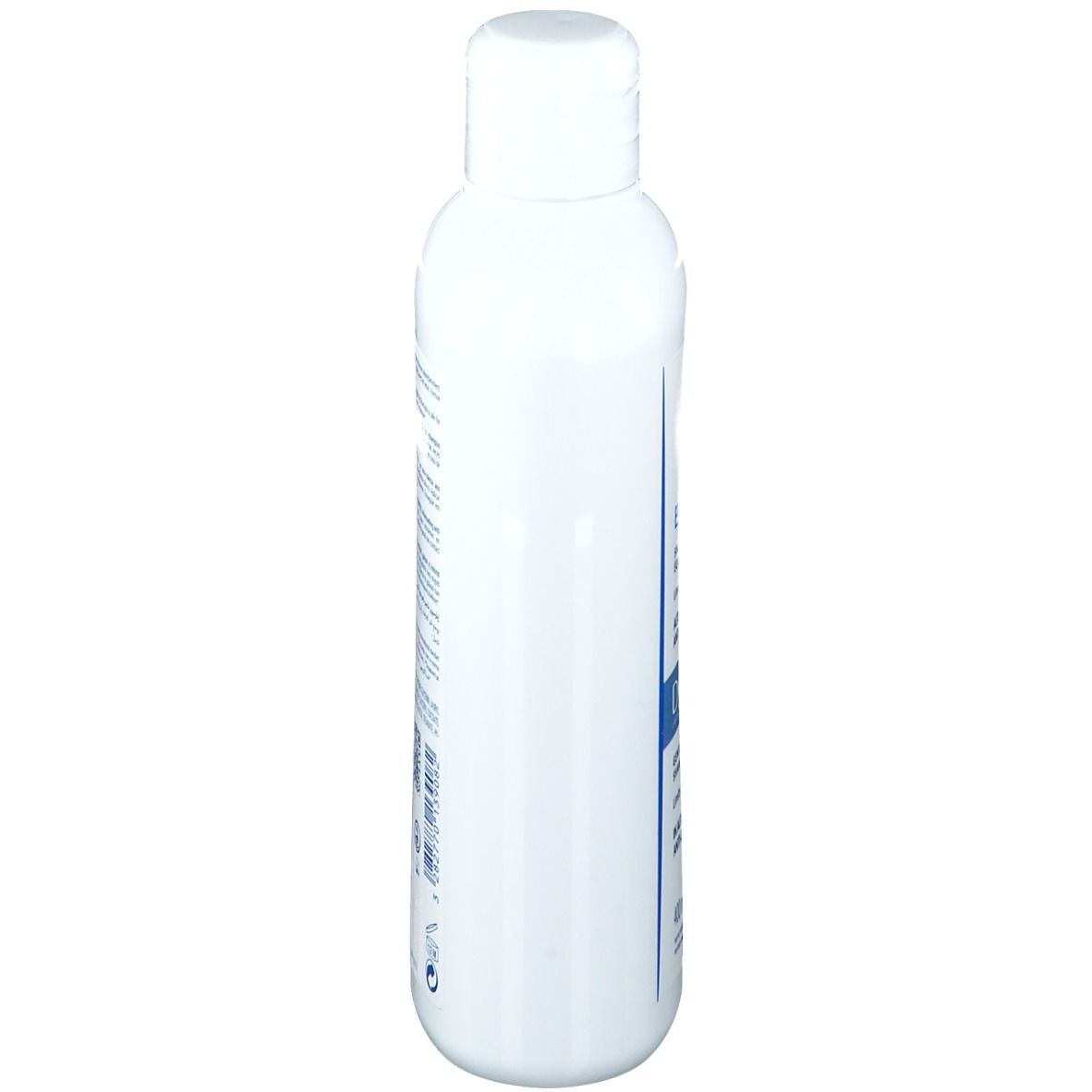 Flacon blanc, vue latérale. Étiquette avec texte. Bouchon blanc.