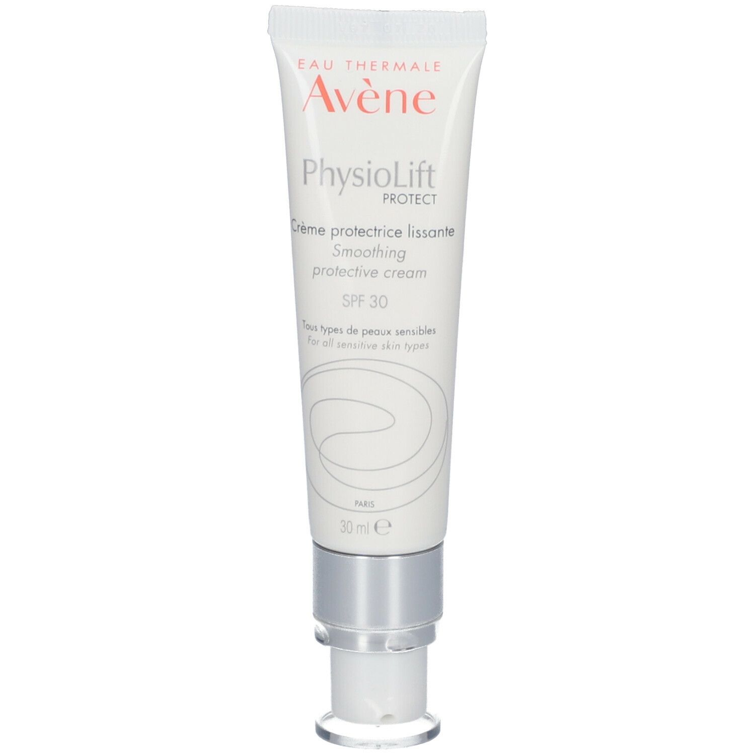 Tube blanc avec bouchon argenté. Inscription: Avène PhysioLift PROTECT Crème protectrice lissante SPF30.