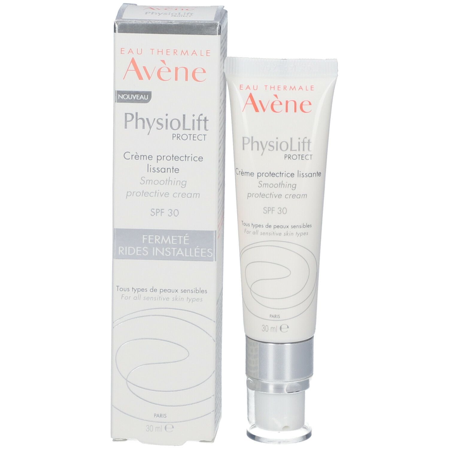 Emballage produit avec tube. Inscription: Avène PhysioLift PROTECT Crème protectrice lissante SPF30. Avec étui.