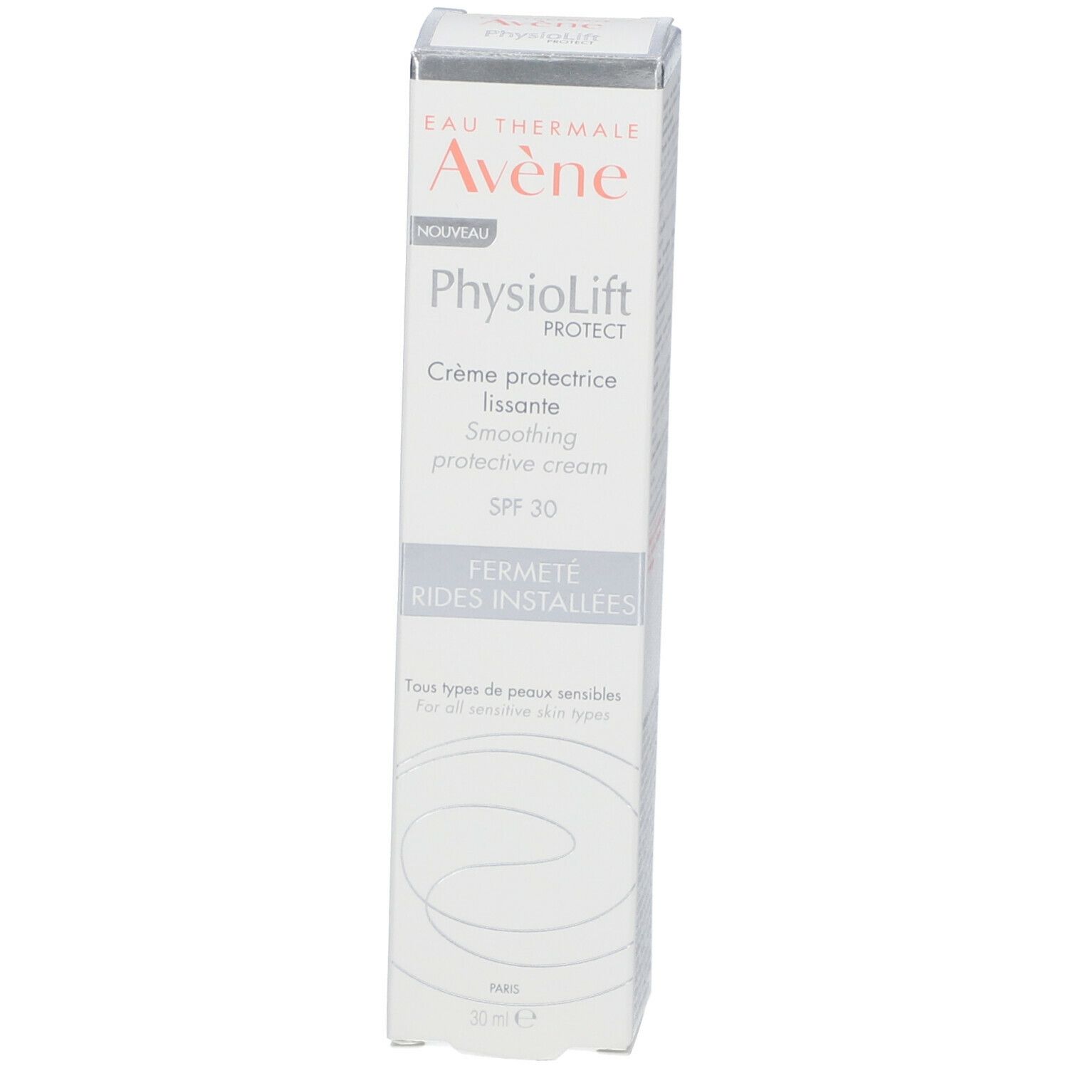 Étui blanc. Inscription: Avène PhysioLift PROTECT Crème protectrice lissante SPF30. Avec texte et logo.