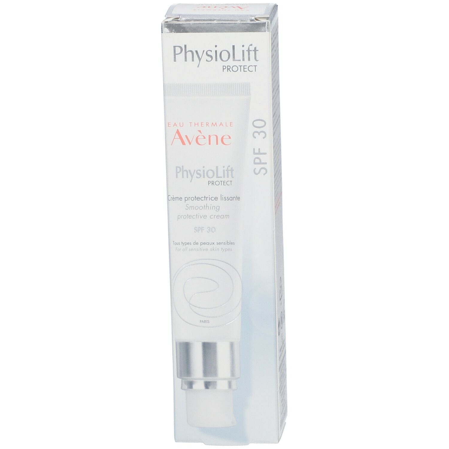 Emballage produit avec tube. Inscription: Avène PhysioLift PROTECT Crème protectrice lissante SPF30. Avec étui.