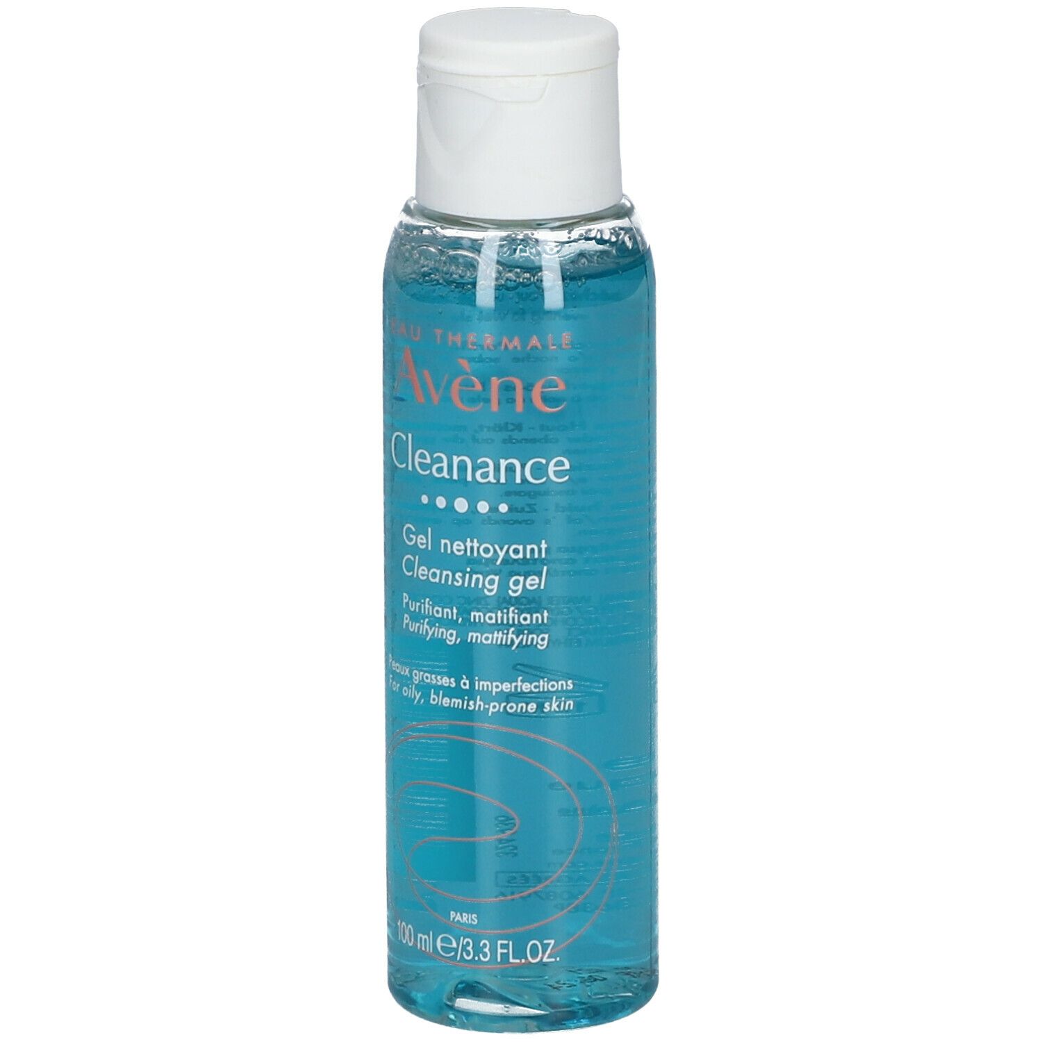Flacon bleu transparent, bouchon blanc. Inscription: Avène Cleanance Gel nettoyant. 100 ml.