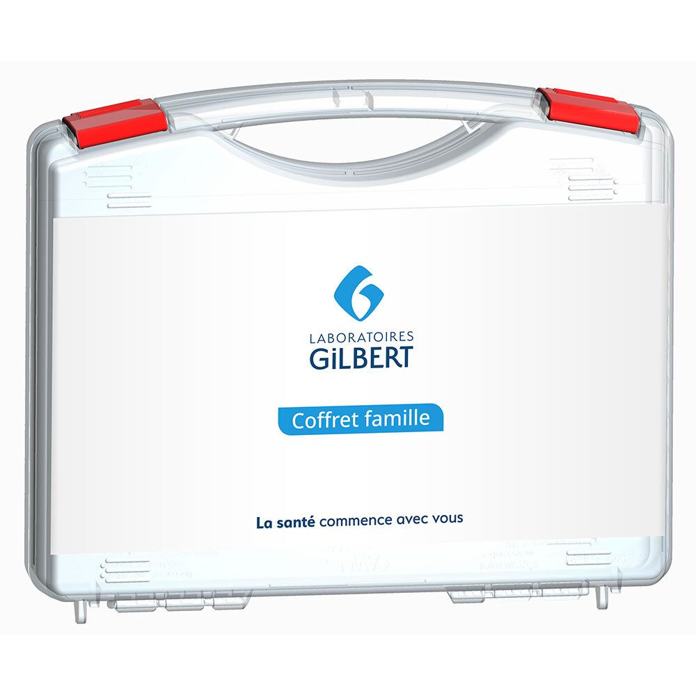 Mallette de premiers secours transparente, poignée et fermetures rouges. Inscription : Laboratoires Gilbert, Coffret famille.