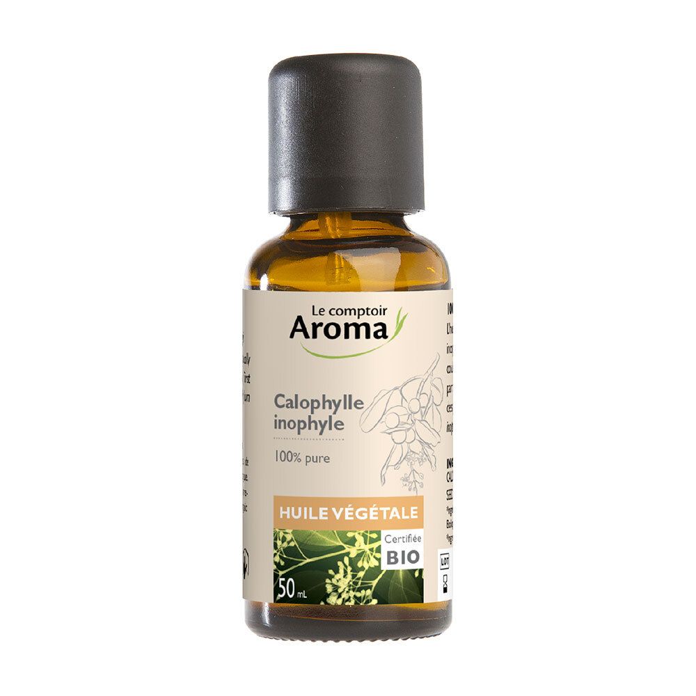 Flacon en verre brun avec bouchon noir. Étiquette avec logo, nom du produit, certification et informations. 50ml.