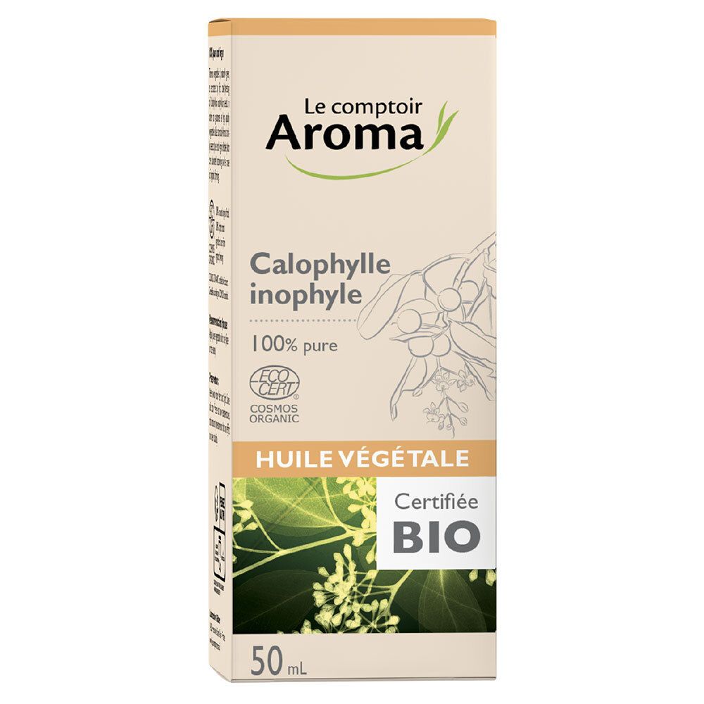 Emballage carton avec logo, nom du produit, certification et informations. 50ml. Design blanc-orangé.