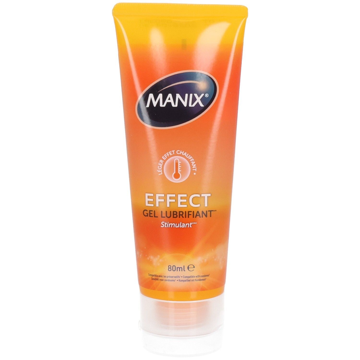 Tube de gel MANIX. Dégradé orange et jaune. Texte: "Effect Gel Lubrifiant Stimulant". Logo et indication "80ml".
