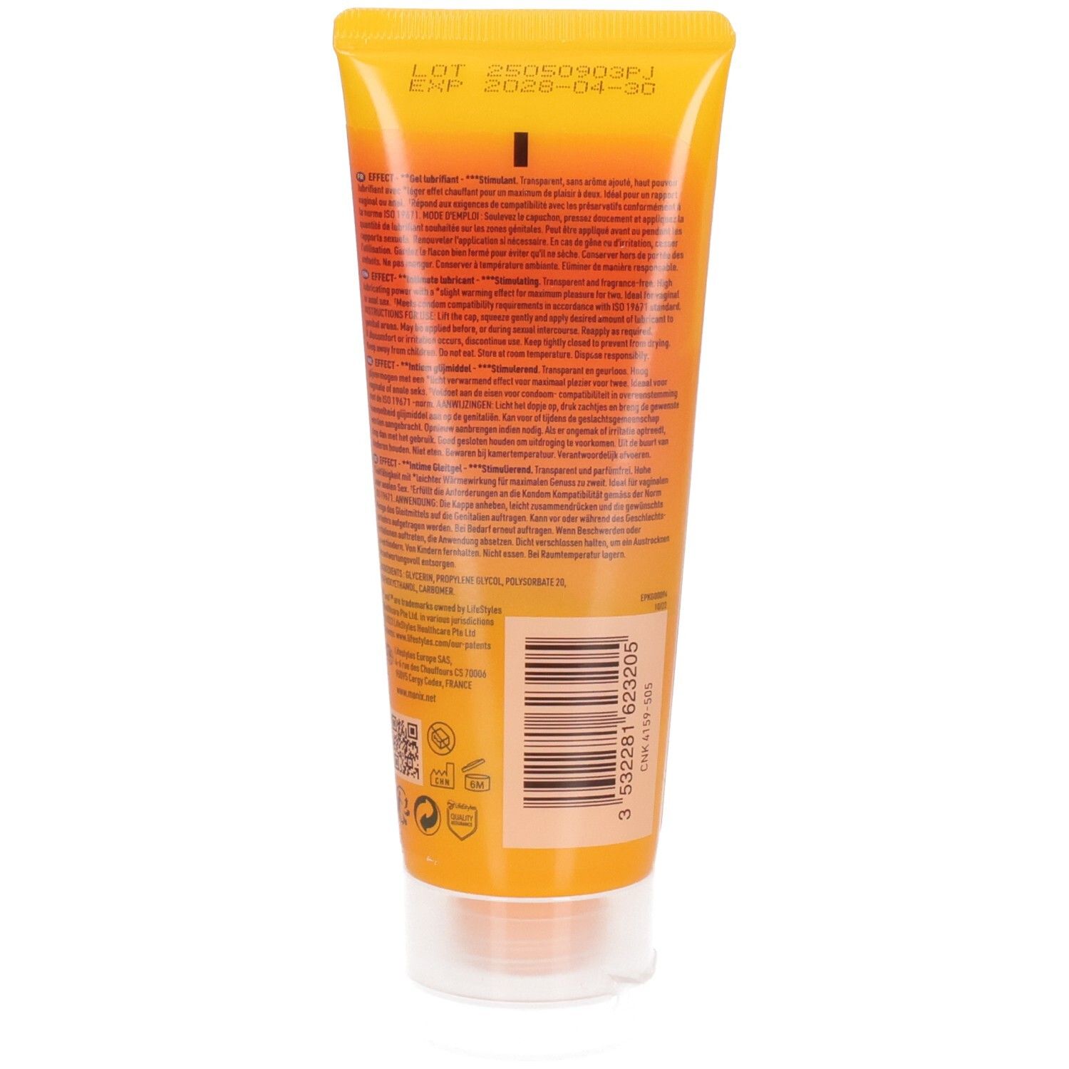 Dos du tube de gel. Jaune-orange. Texte et code-barres. Informations fabricant et numéro de lot.