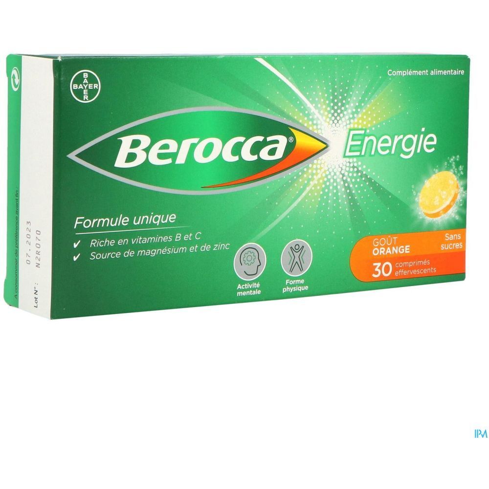 Boîte verte de comprimés effervescents. Inscription : Berocca Energie, Gout Orange, 30 comprimés effervescents. Avec dates.