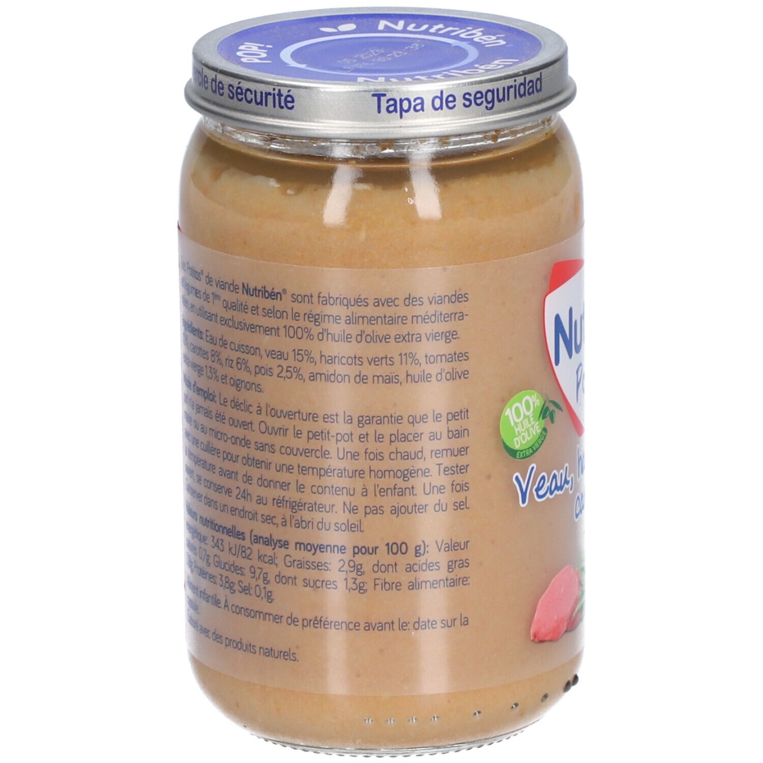 Dos du pot Nutribén Potitos. Texte avec ingrédients et informations nutritionnelles. Étiquette.