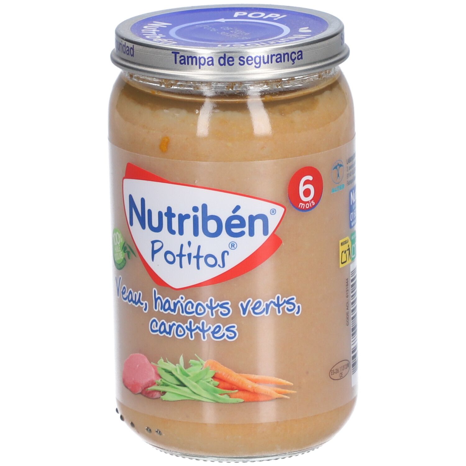Pot Nutribén Potitos Veau, haricots verts et carottes. Couvercle bleu. 6 mois. Contenu visible.
