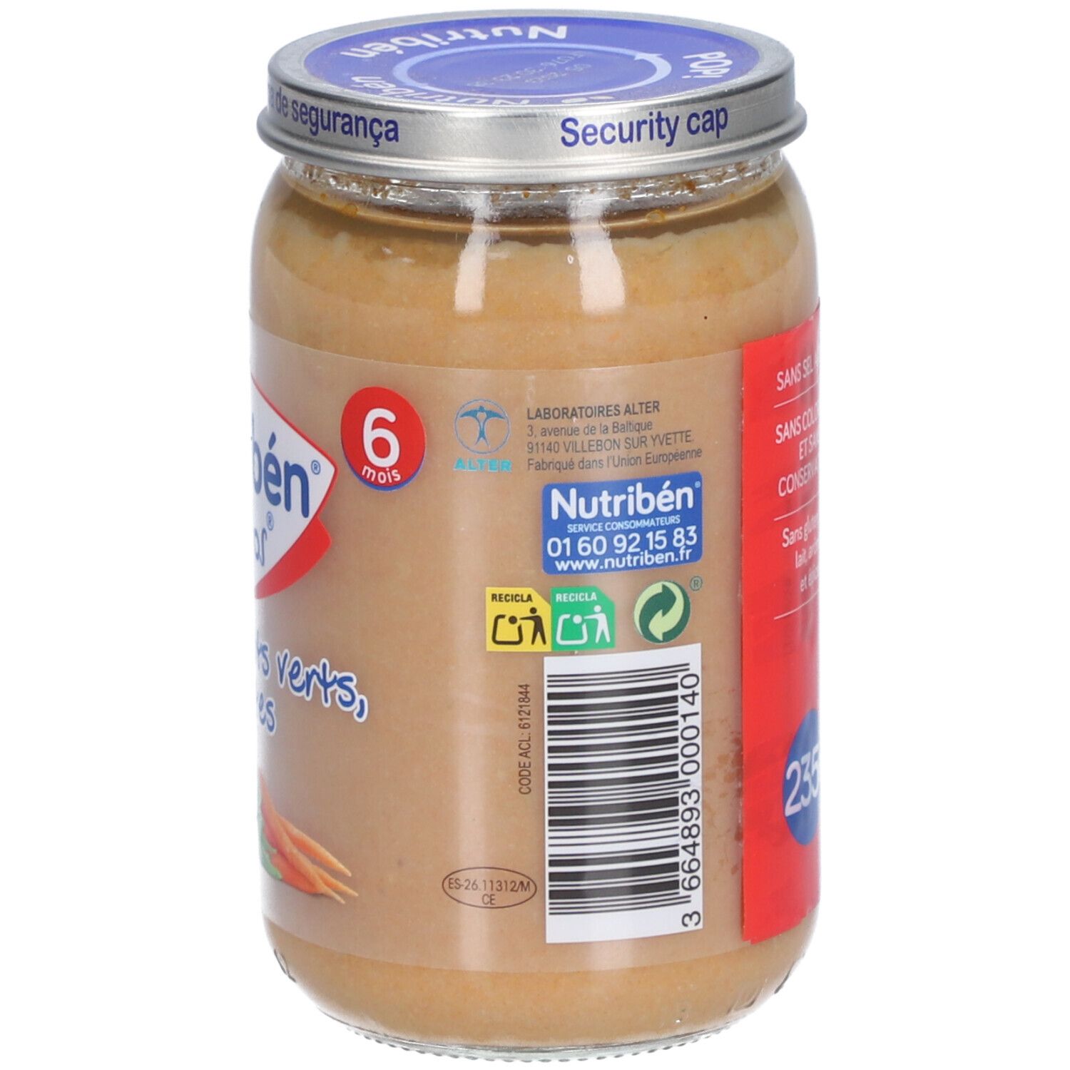 Dos du pot Nutribén Potitos. Texte avec informations. 6 mois. 235g.