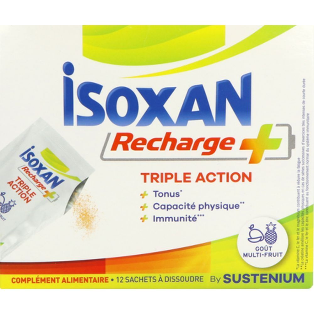 Boîte Isoxan Recharge+. Contient 12 sachets. Inscriptions: Triple Action, Tonus, capacité physique, Immunité. Goût multi-fruits.