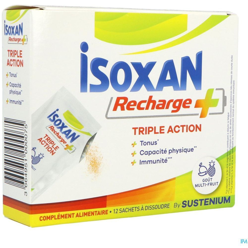 Boîte Isoxan Recharge+ avec 12 sachets. Inscriptions: Triple Action, Tonus, capacité physique, Immunité. Goût multi-fruits. Un sachet visible.