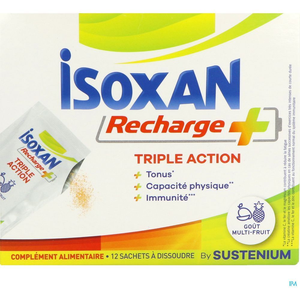 Boîte Isoxan Recharge+ avec 12 sachets. Inscriptions: Triple Action, Tonus, capacité physique, Immunité. Goût multi-fruits. Un sachet visible.