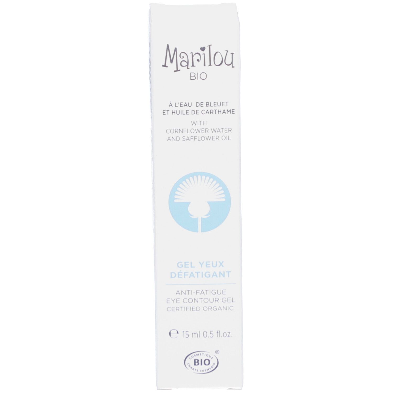 Boîte blanche avec texte: Marilou Bio, Gel Yeux Defatigant. Certification bio. 15 ml.